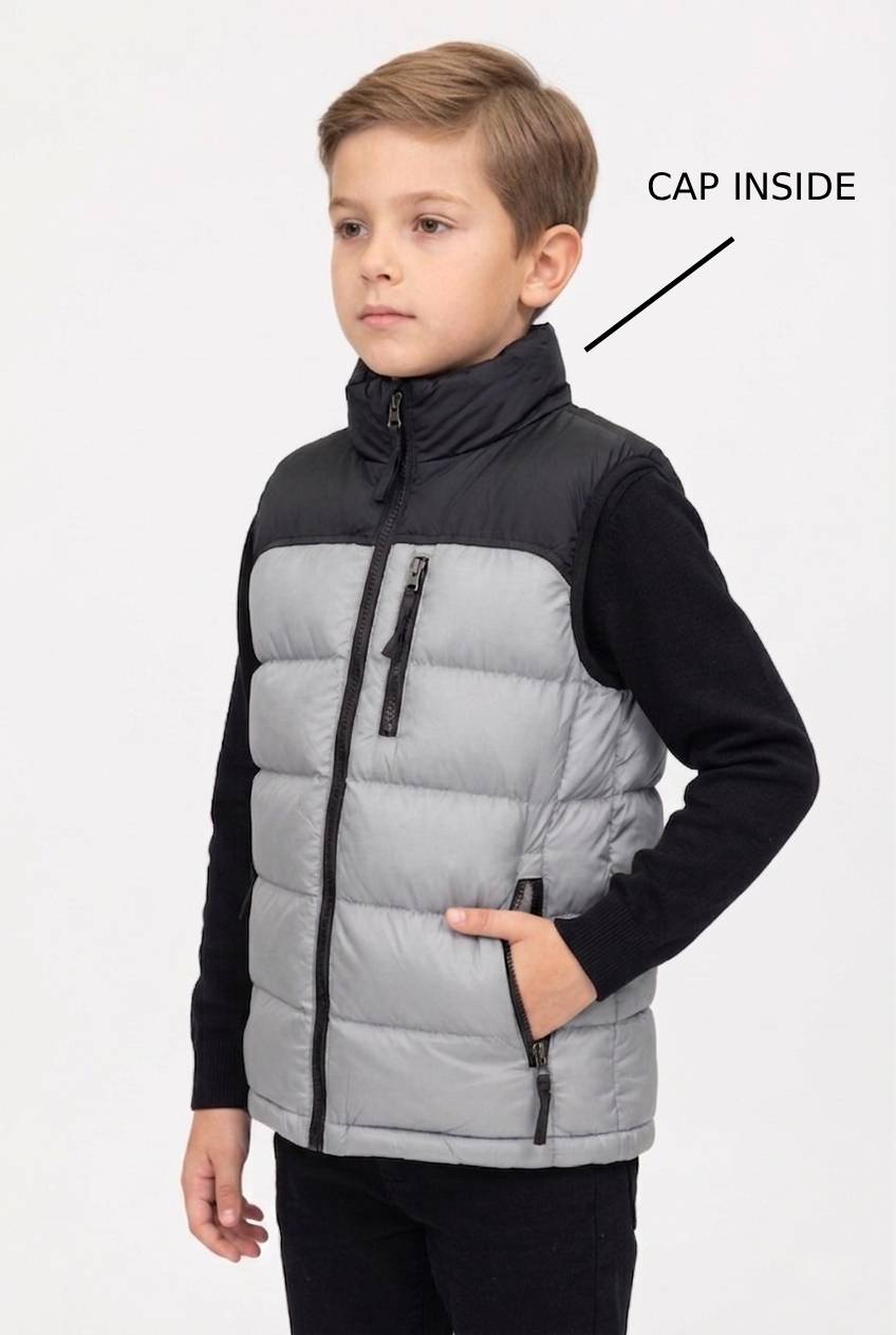 Grossiste Boomkids - doudoune sans manche avec capuche cachée Grossiste Boomkids - doudoune sans manche avec capuche cachée