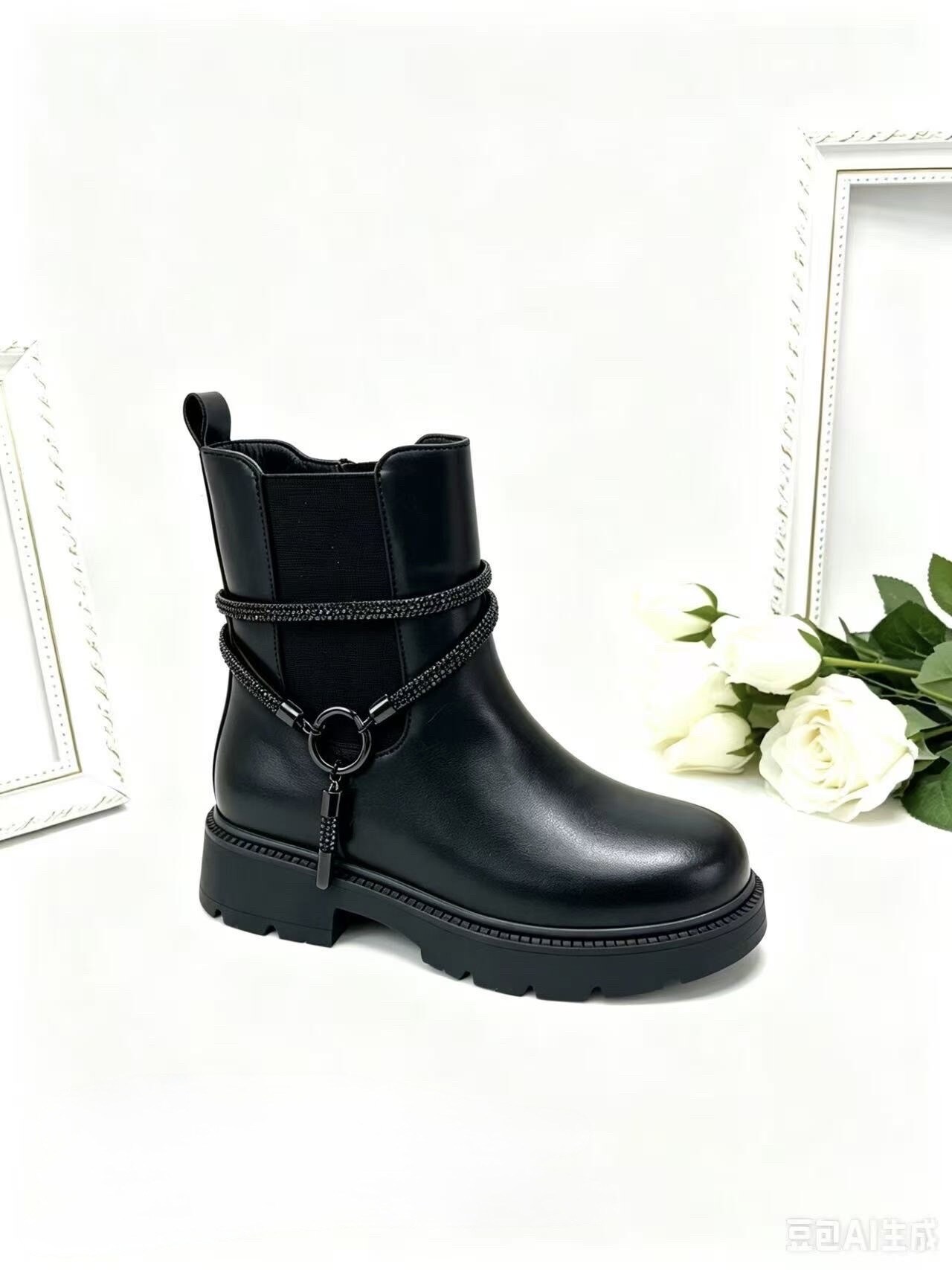 Grossista C&C Chaussures - Stivaletti neri imbottiti per ragazza con decorazione elastica e strass nero