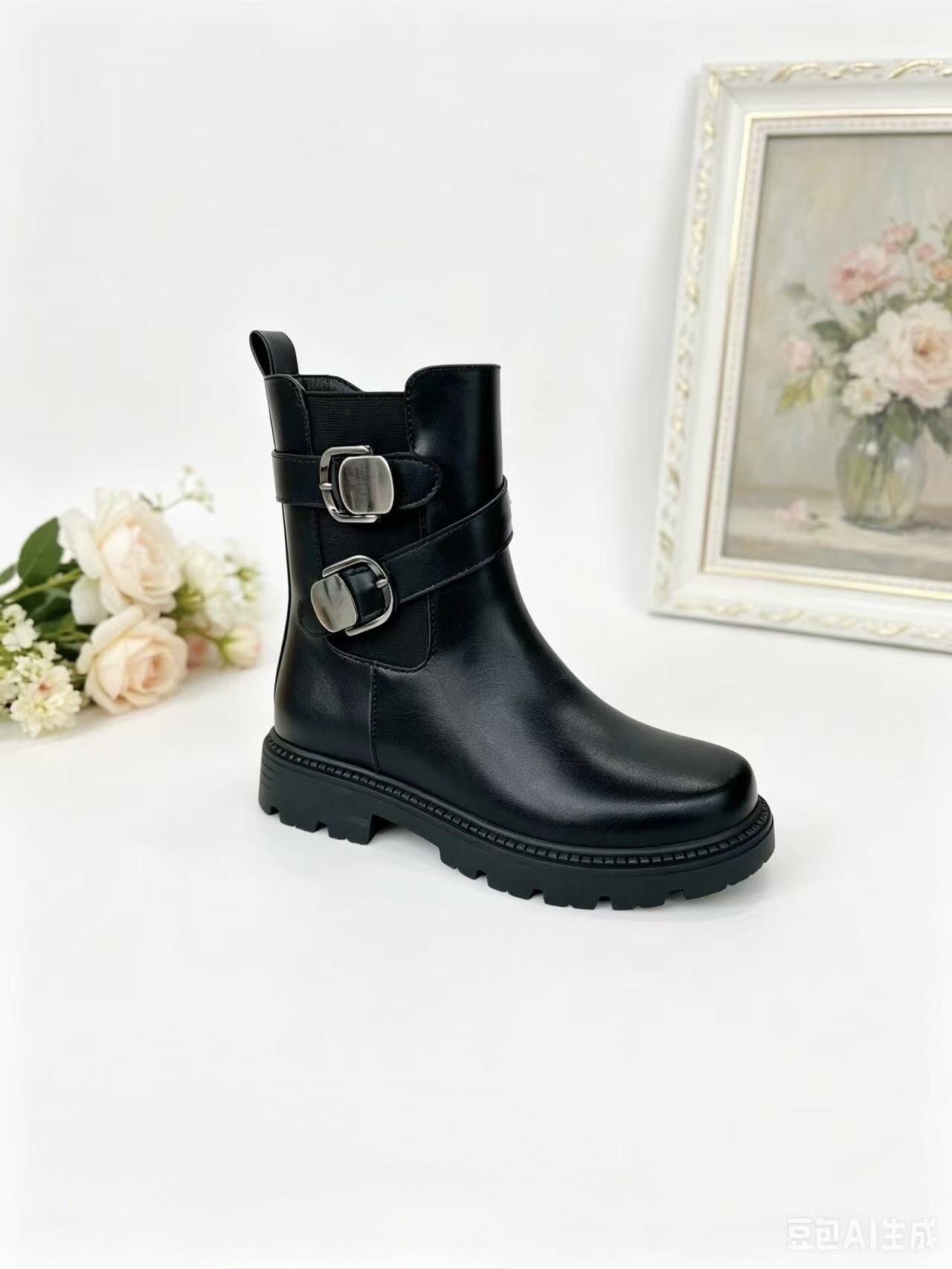 Grossista C&C Chaussures - Stivaletti neri foderati per ragazza con decorazione a doppia fibbia laterale argentata