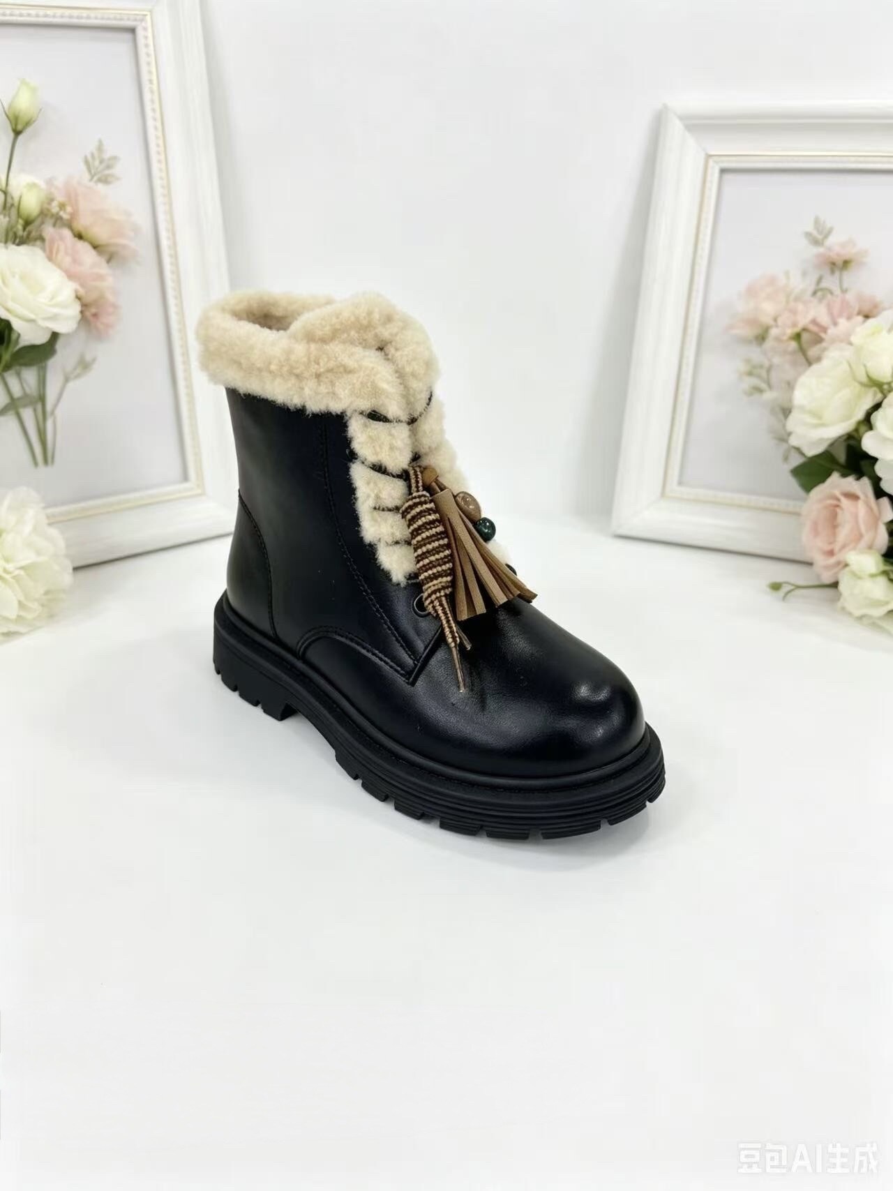 Grossista C&C Chaussures - Stivaletti neri foderati per ragazza in pelliccia sintetica con ciondoli e perle
