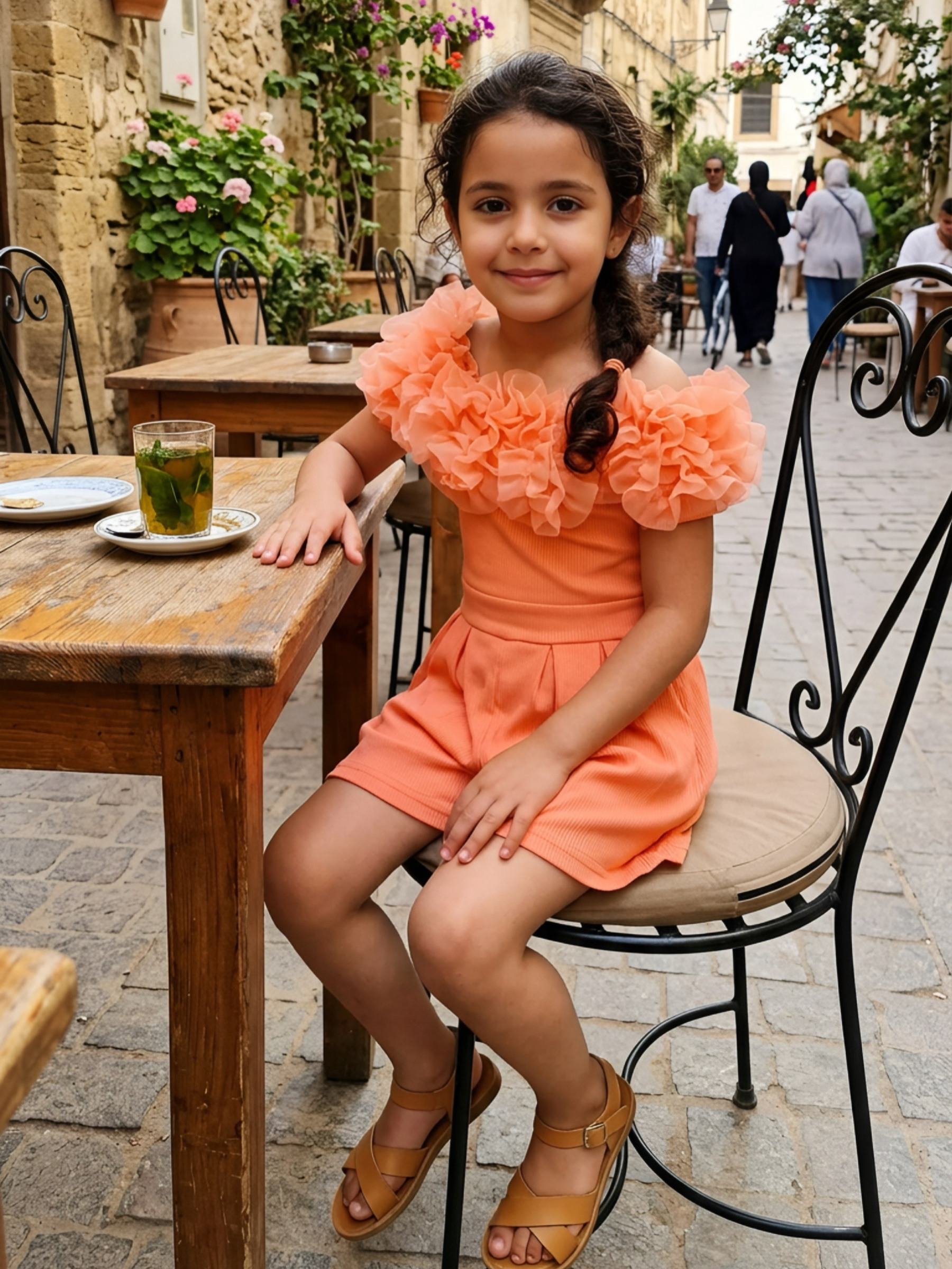 Grossiste Chicaprie - Combi-short Uni En Maille Finement Côtelé Légère Avec Froufrou Florale Fille