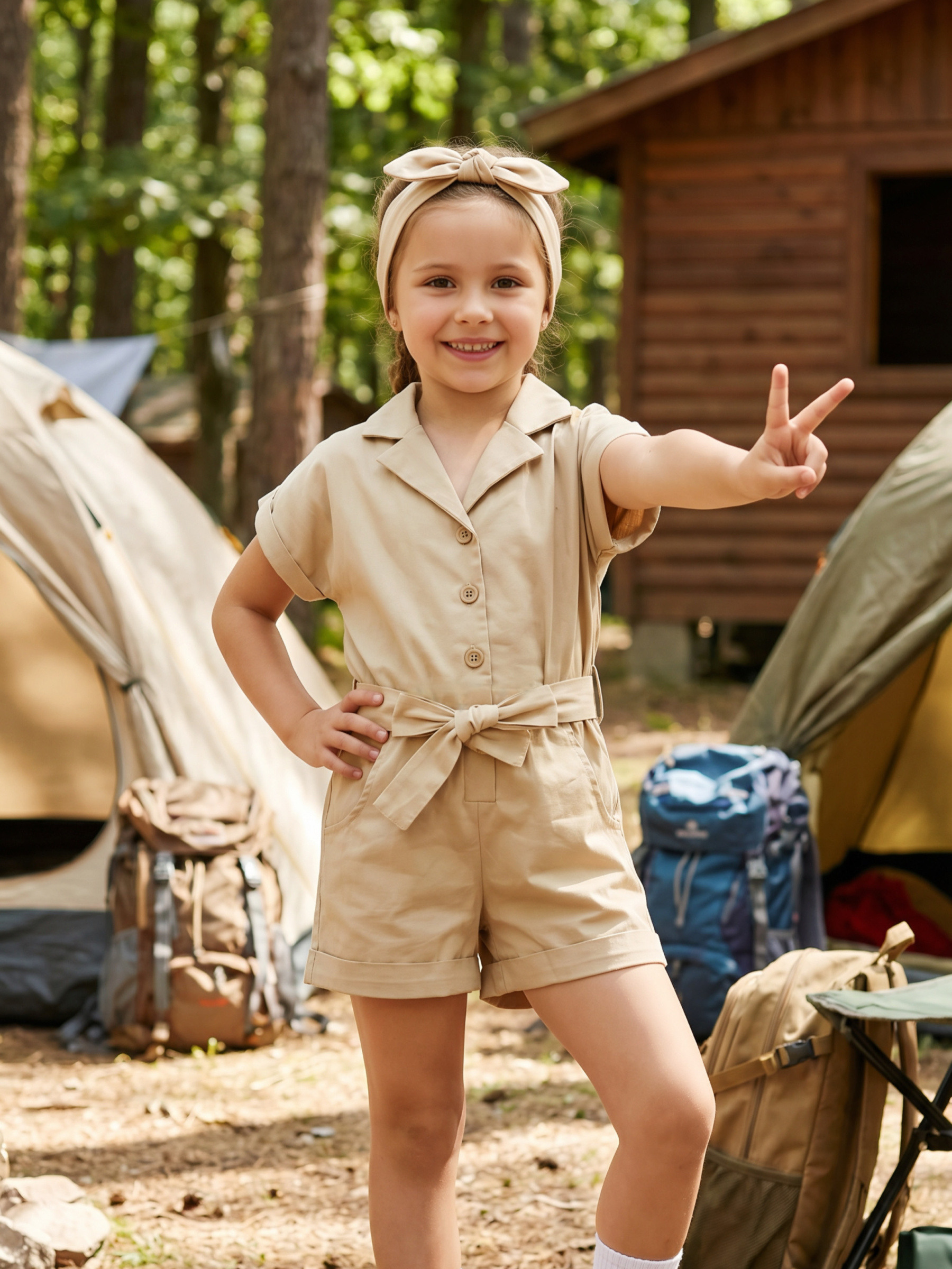 Großhändler Chicaprie - Einfarbiger Kurzarm-Overall mit Stirnband im Pfadfinderinnen-Stil
