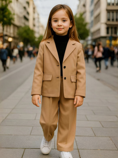 Grossista Chicaprie - Completo Casual Chic per Ragazza: Giacca Blazer con Bottone e Pantaloni a Zampa Unicolore Grossista Chicaprie - Completo Casual Chic per Ragazza: Giacca Blazer con Bottone e Pantaloni a Zampa Unicolore