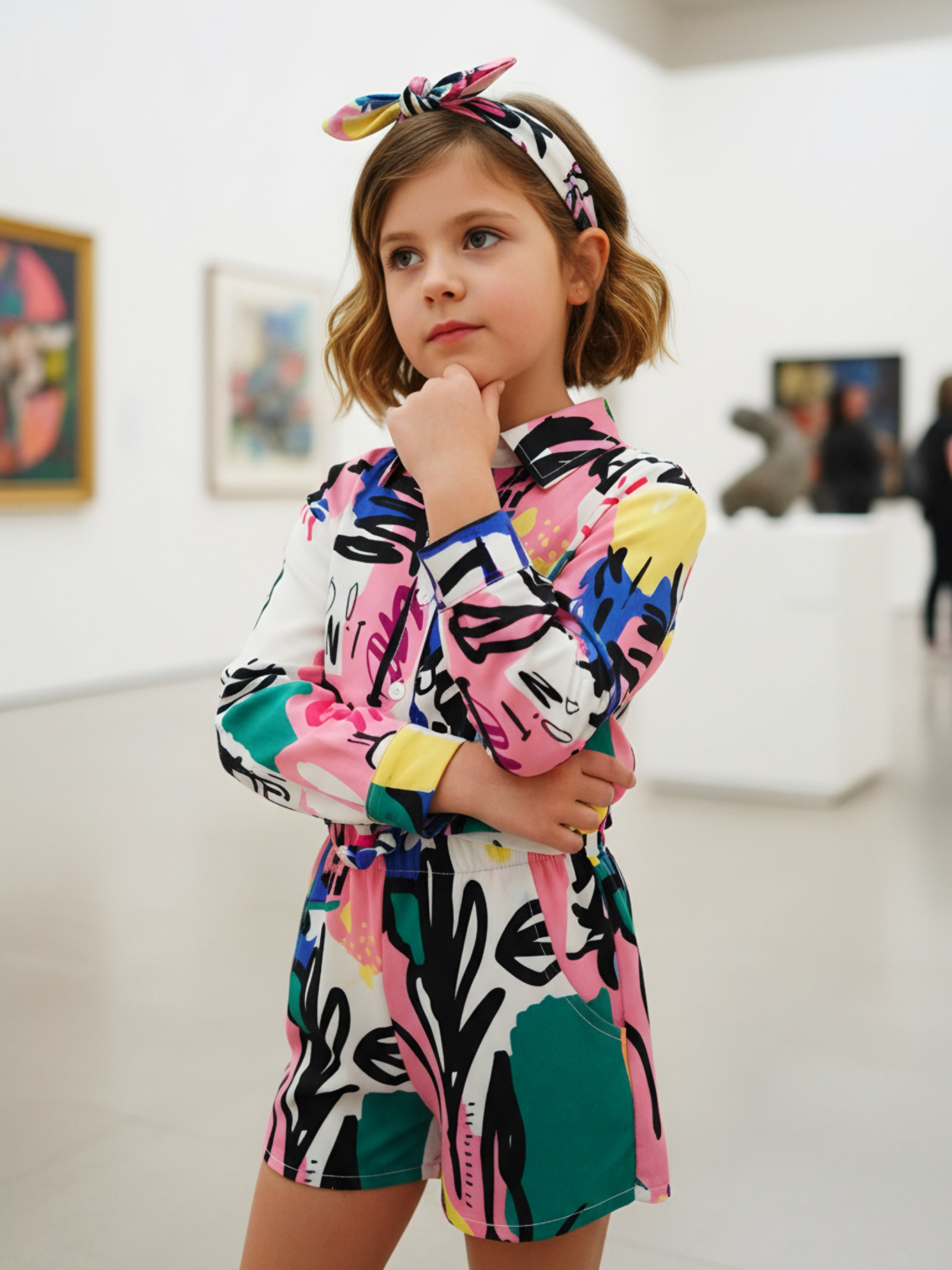 Grossiste Chicaprie - Ensemble Chemise Et Short Coloré Art Moderne Urbain Fluide Et Légère Fille