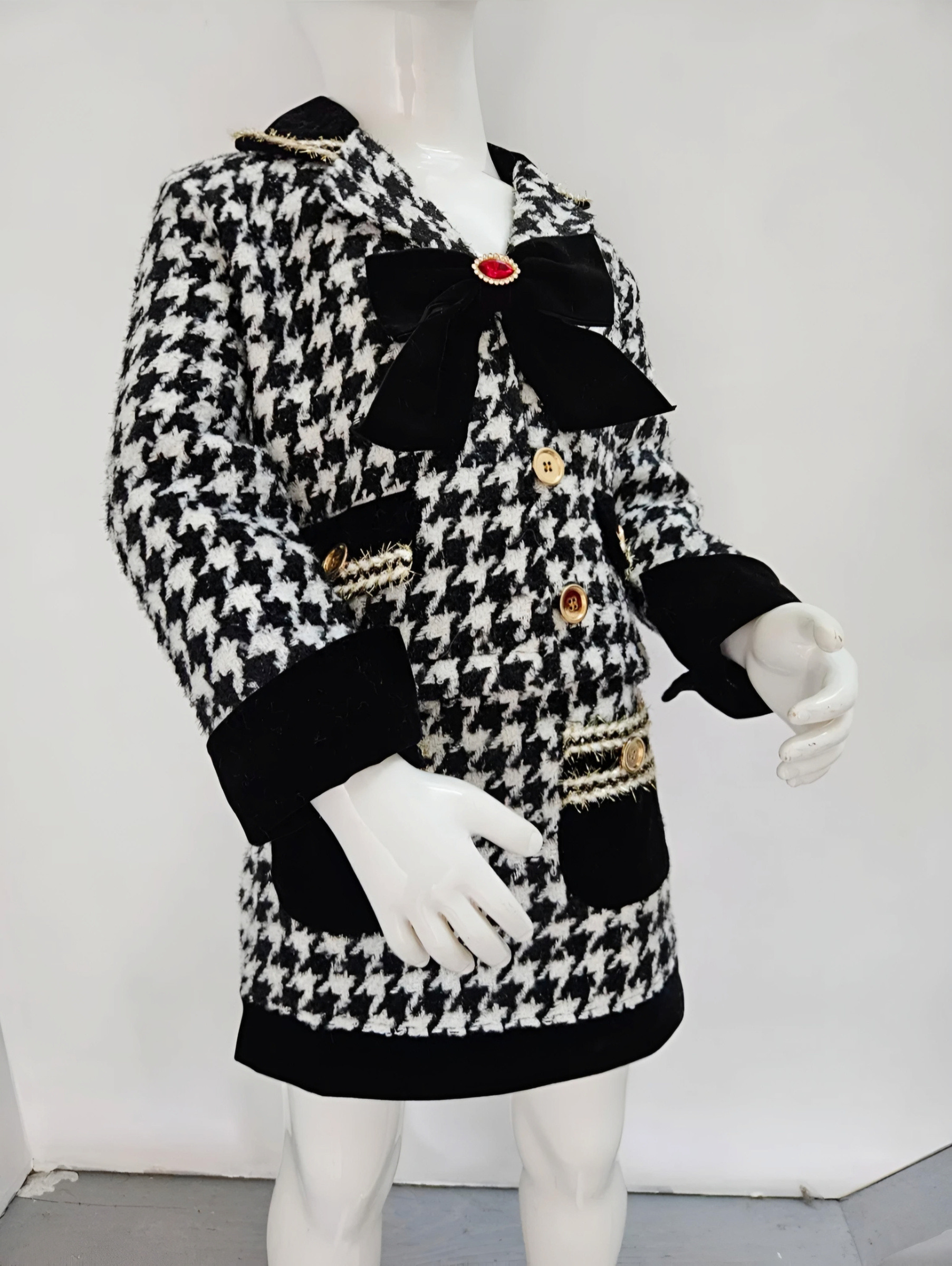Wholesaler Chicaprie - Girls' Chic Houndstooth Tweed Set with Peter Pan Collar Jacket and Bow, Short Skirt