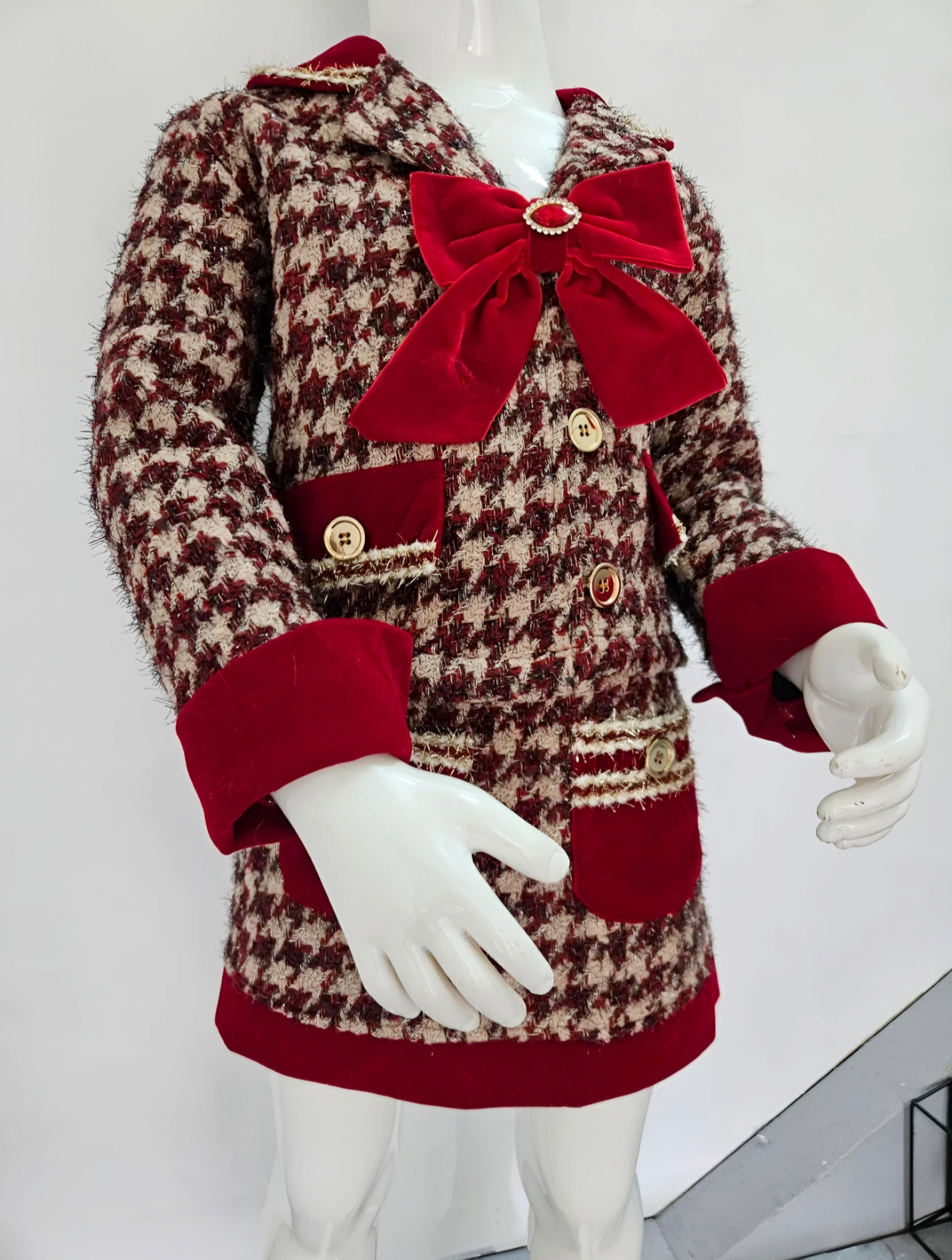Großhändler Chicaprie - Mädchen Chic Hahnentritt Tweed Set mit Peter-Pan-Kragen Jacke und Schleife, Kurzer Rock