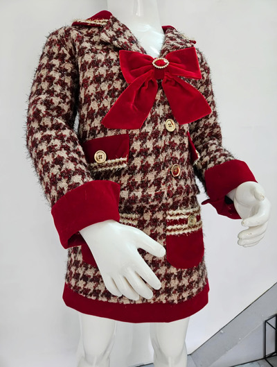 Grossista Chicaprie - Completo Chic in Tweed Pied de Poule per Ragazza con Giacca Colletto Peter Pan e Fiocco, Gonna Corta Grossista Chicaprie - Completo Chic in Tweed Pied de Poule per Ragazza con Giacca Colletto Peter Pan e Fiocco, Gonna Corta