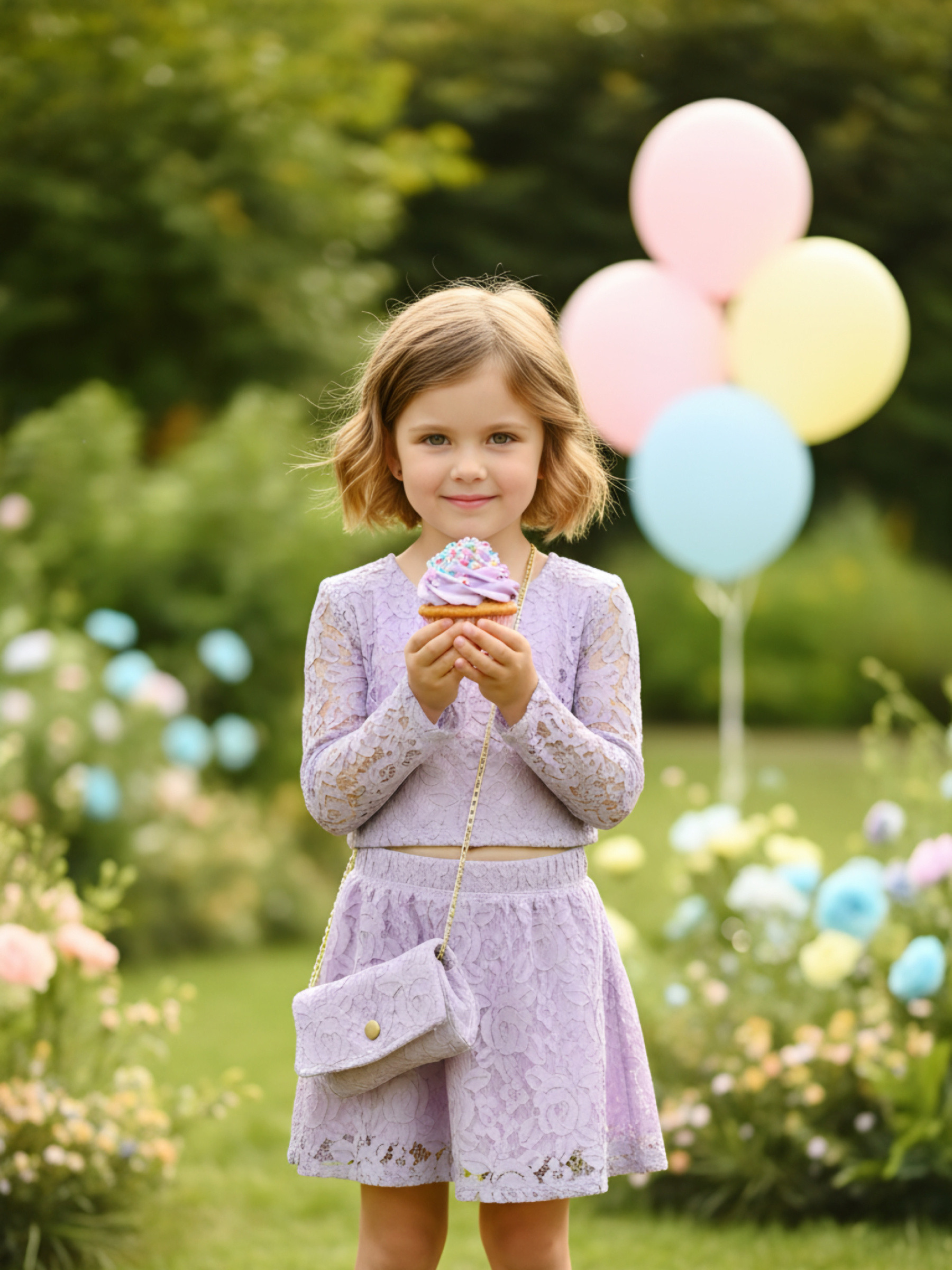 Mayorista Chicaprie - Conjunto de Niña: Falda Corta y Top de Encaje Floral con Bolso de Fantasía