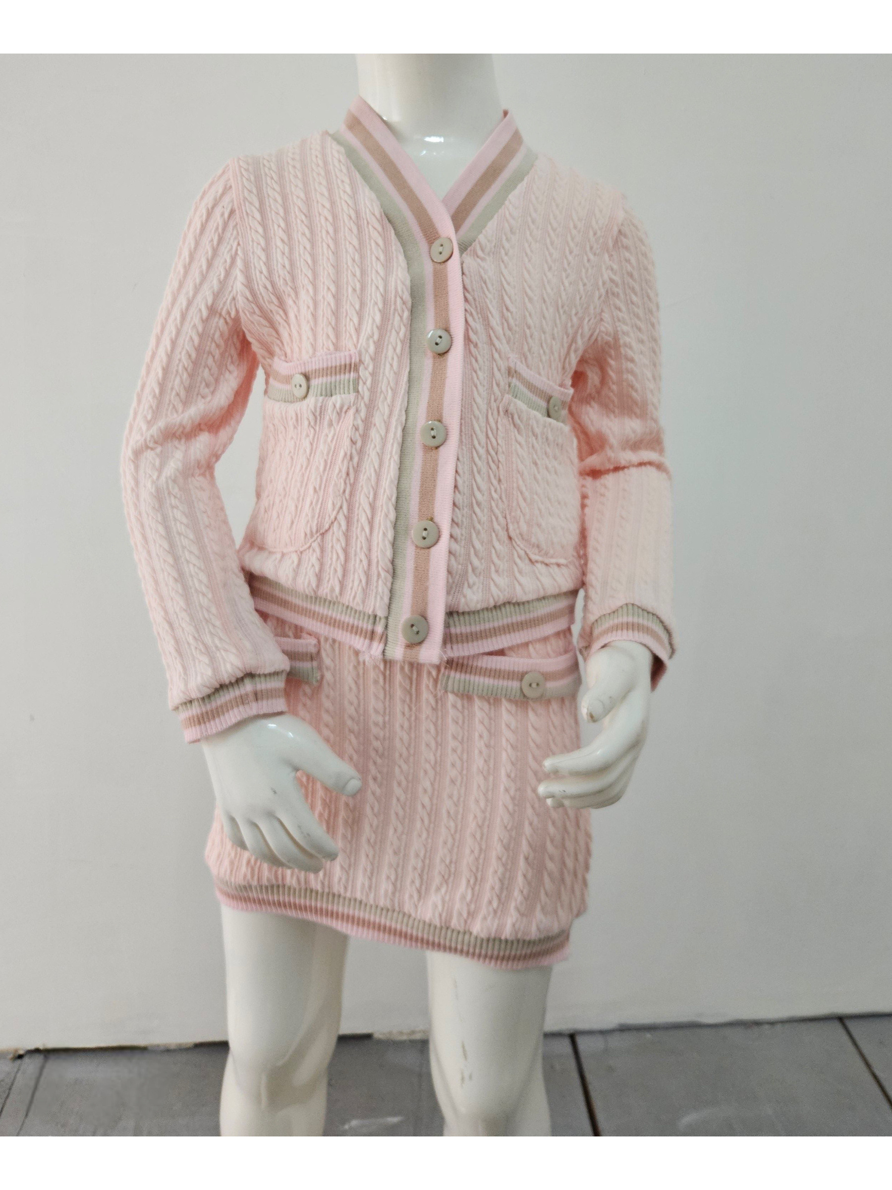 Wholesaler Chicaprie - Twisted Knit Cardigan and Short Skirt Set in All-Over Old School Style with Chic Buttons for Girls