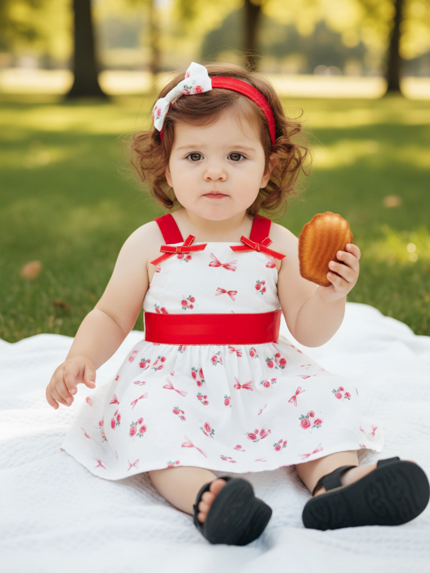 Mayorista Chicaprie - Vestido Corto de Tirantes con Lazo e Impresión, Cinta de Satén y Diadema para Bebé Niña
