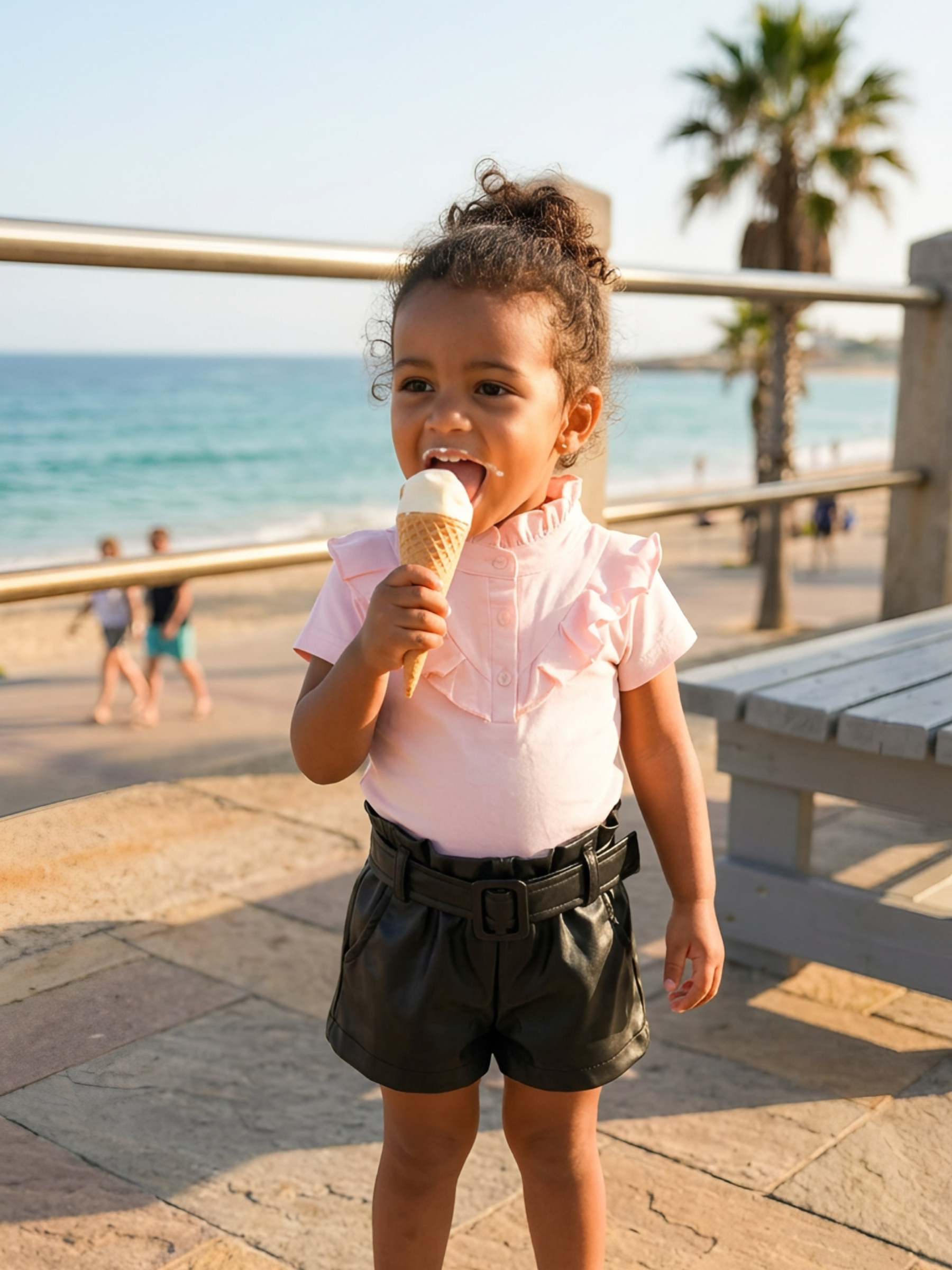 Grossiste Chicaprie - Short Uni Simili Cuir Avec Ceinture Uni Bébé Fille
