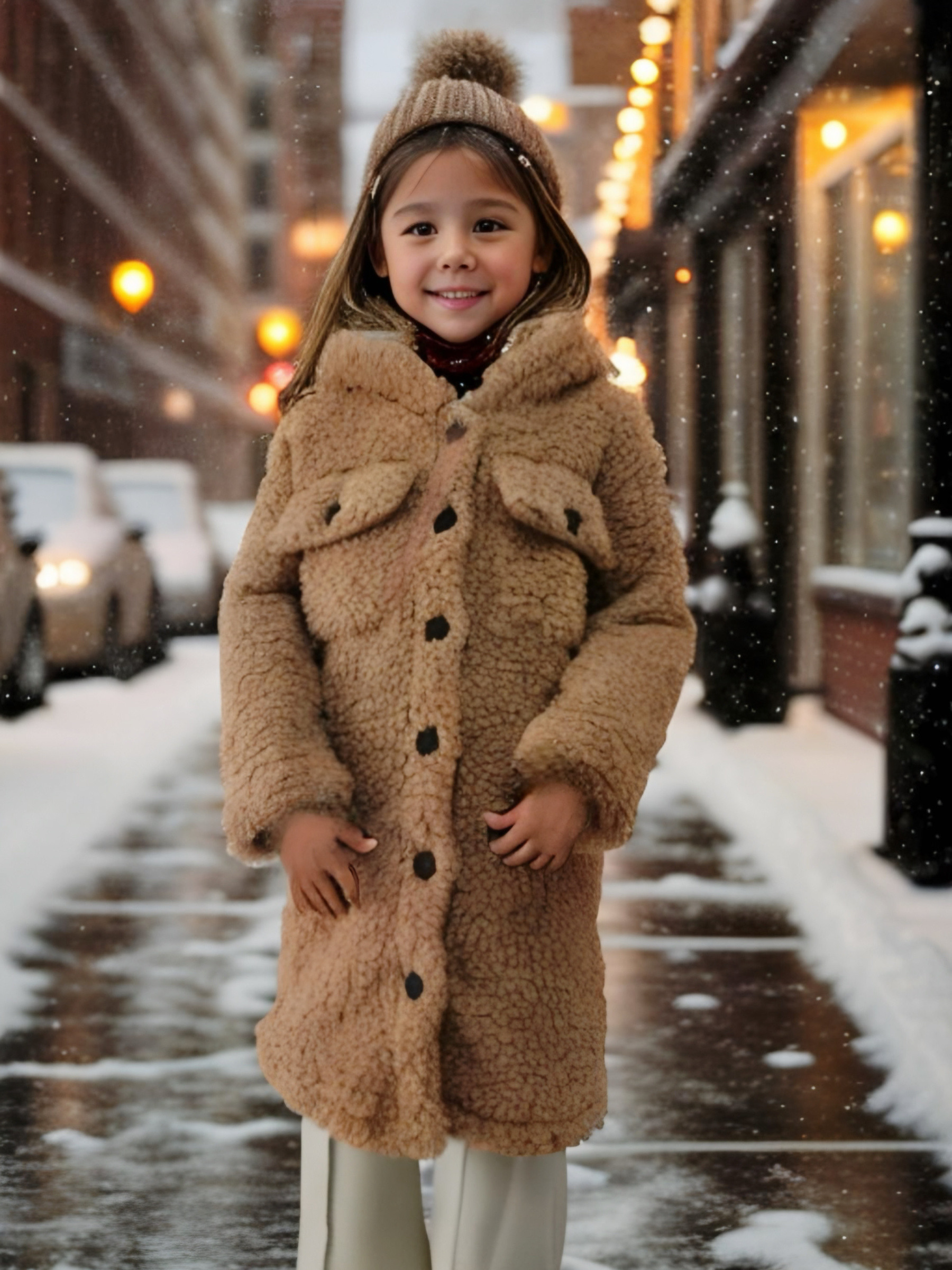 Wholesaler Chicaprie - Girls' Long Hooded Jacket with All-Over Faux Fur and Buttons