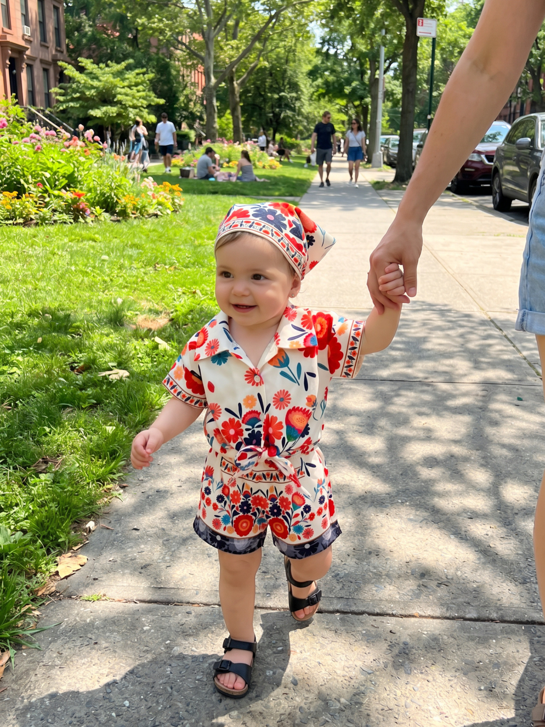 Grossiste Chicaprie - Ensemble Chemise Et Short Imprimé Florale Fluide Et Légère Avec Bandeau Bébé Fille