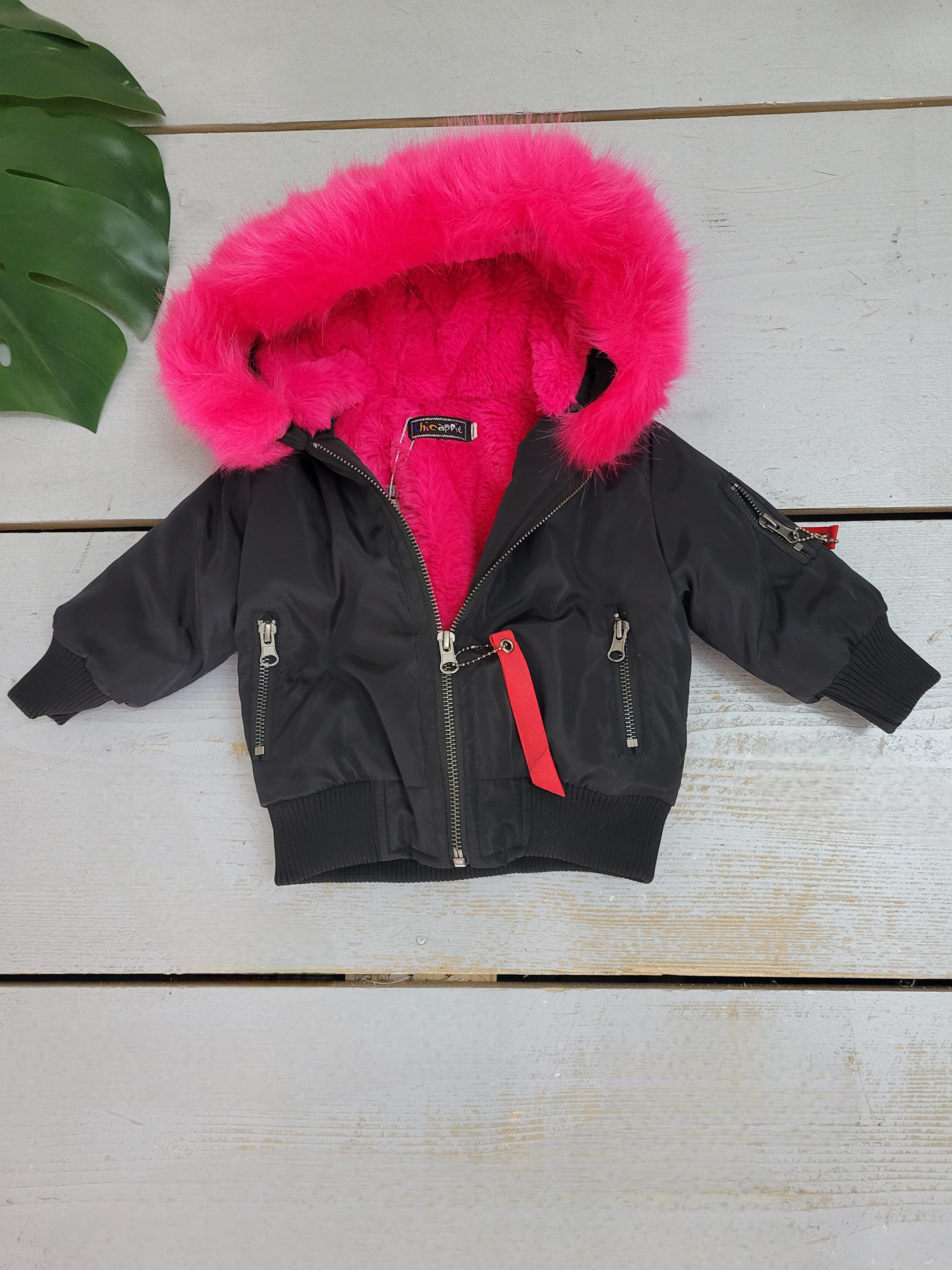 Wholesaler Chicaprie - Urban plain zip bomber with faux fur hood and cozy fleece lining for baby girl