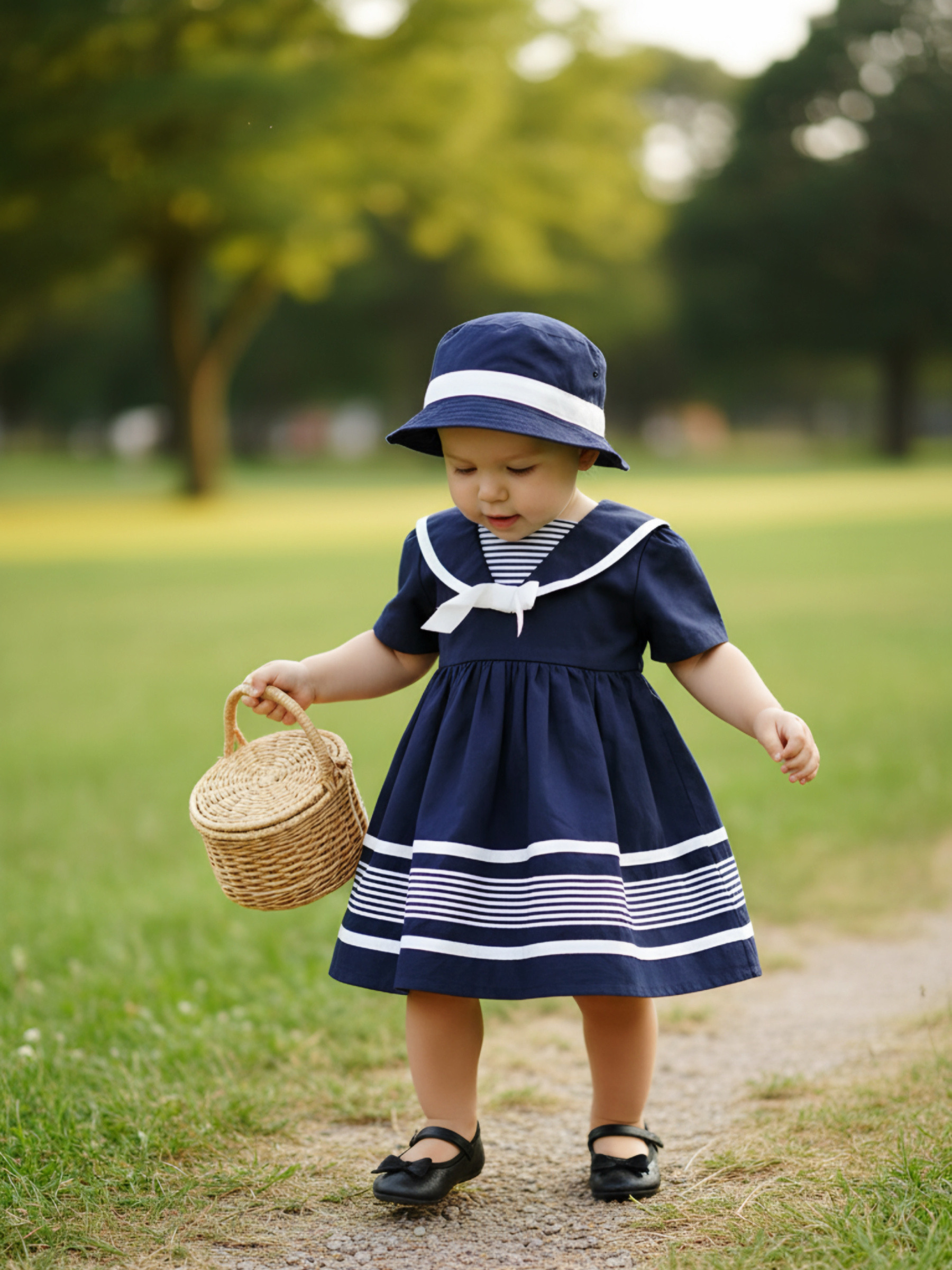 Mayorista Chicaprie - Vestido Corto Estilo Marinero con Rayas y Lazo con Sombrero Ligero de Verano para Bebé Niña