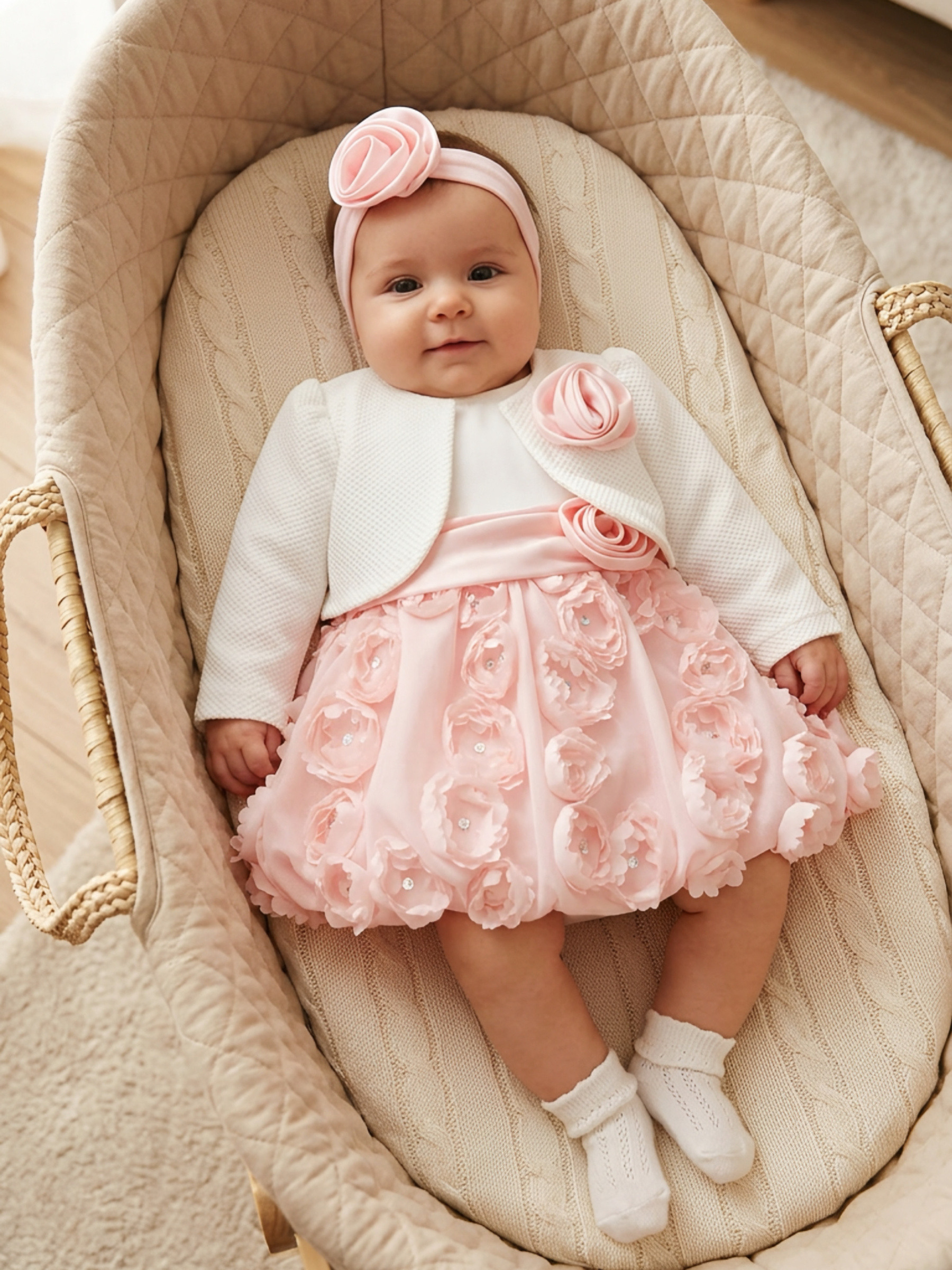 Großhändler Chicaprie - Blumiges, fließendes Kleid- und Weste-Set mit Stirnband für Baby-Mädchen-Party