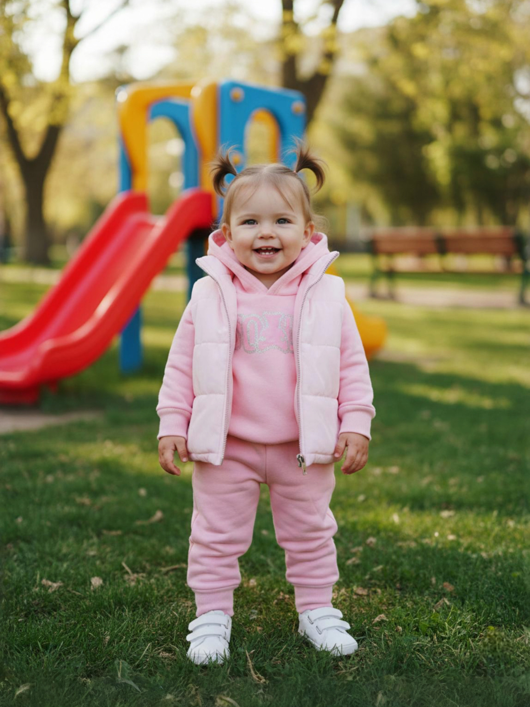 Grossista Chicaprie - Completo Gilet Imbottito con Felpa con Cappuccio e Jogger Unito Sport Streetwear Bambina