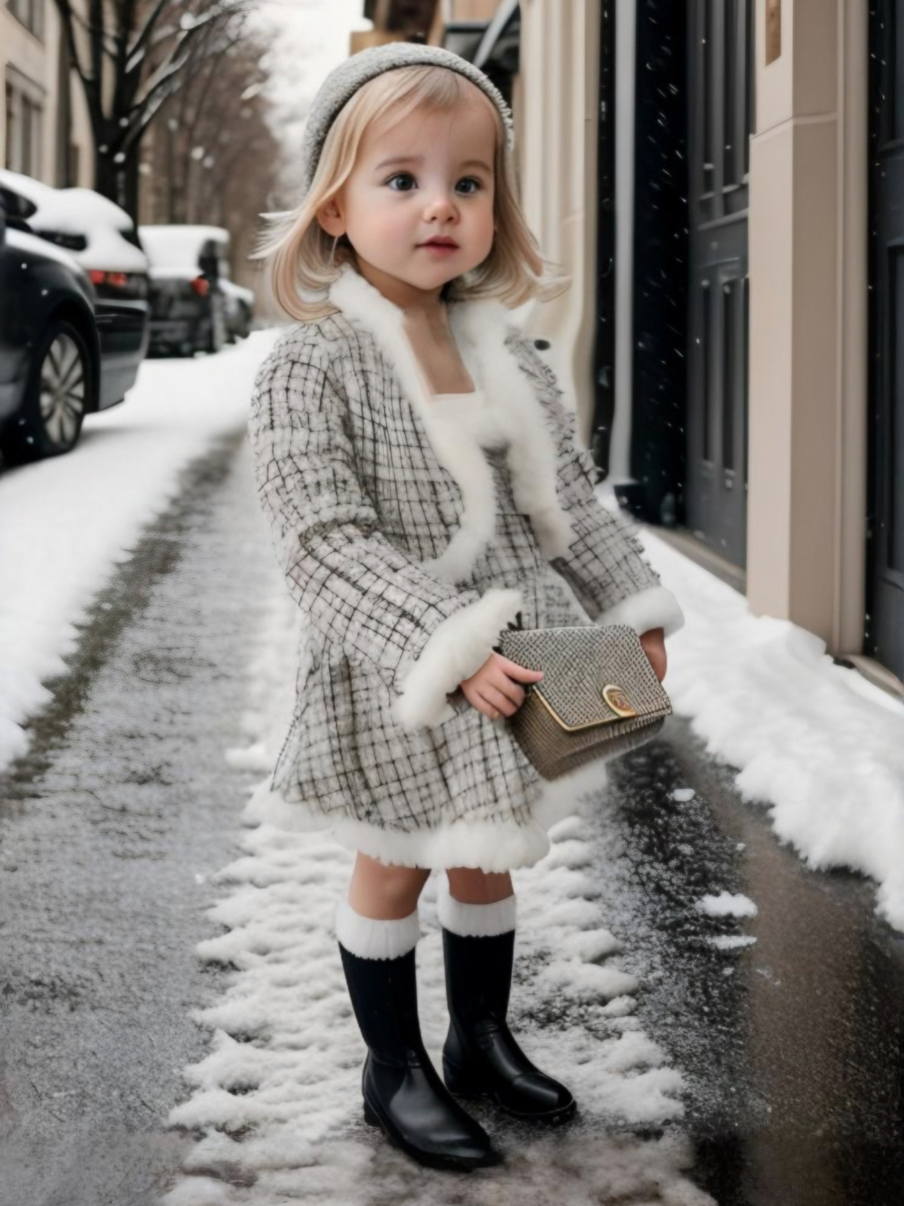 Grossista Chicaprie - Completo Gilet e Abito Corto Motivo Tweed Chic e Pelliccia Sintetica con Cappello Fiocco per Bambina