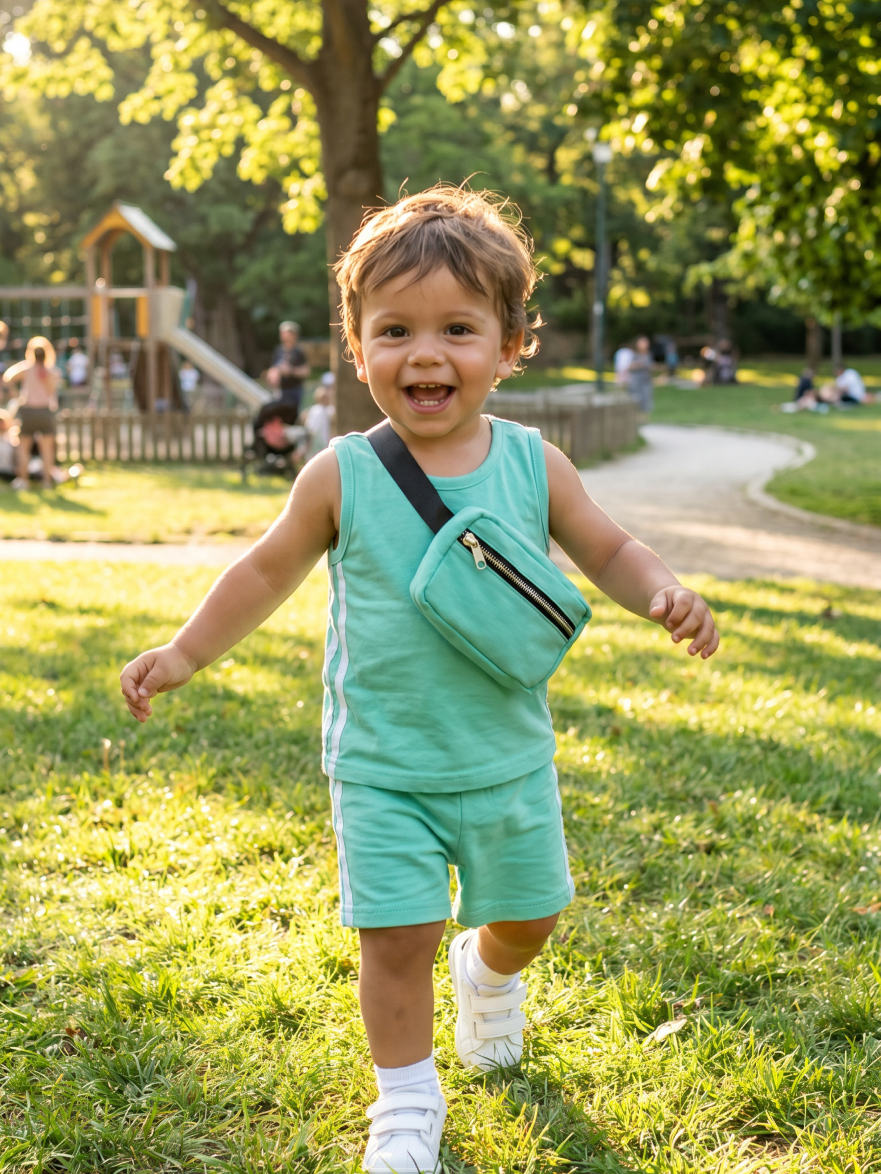 Mayorista Chicaprie - Conjunto de Camiseta Sin Mangas y Pantalones Cortos Sólidos con Rayas Deportivas y Riñonera para Bebé Niño