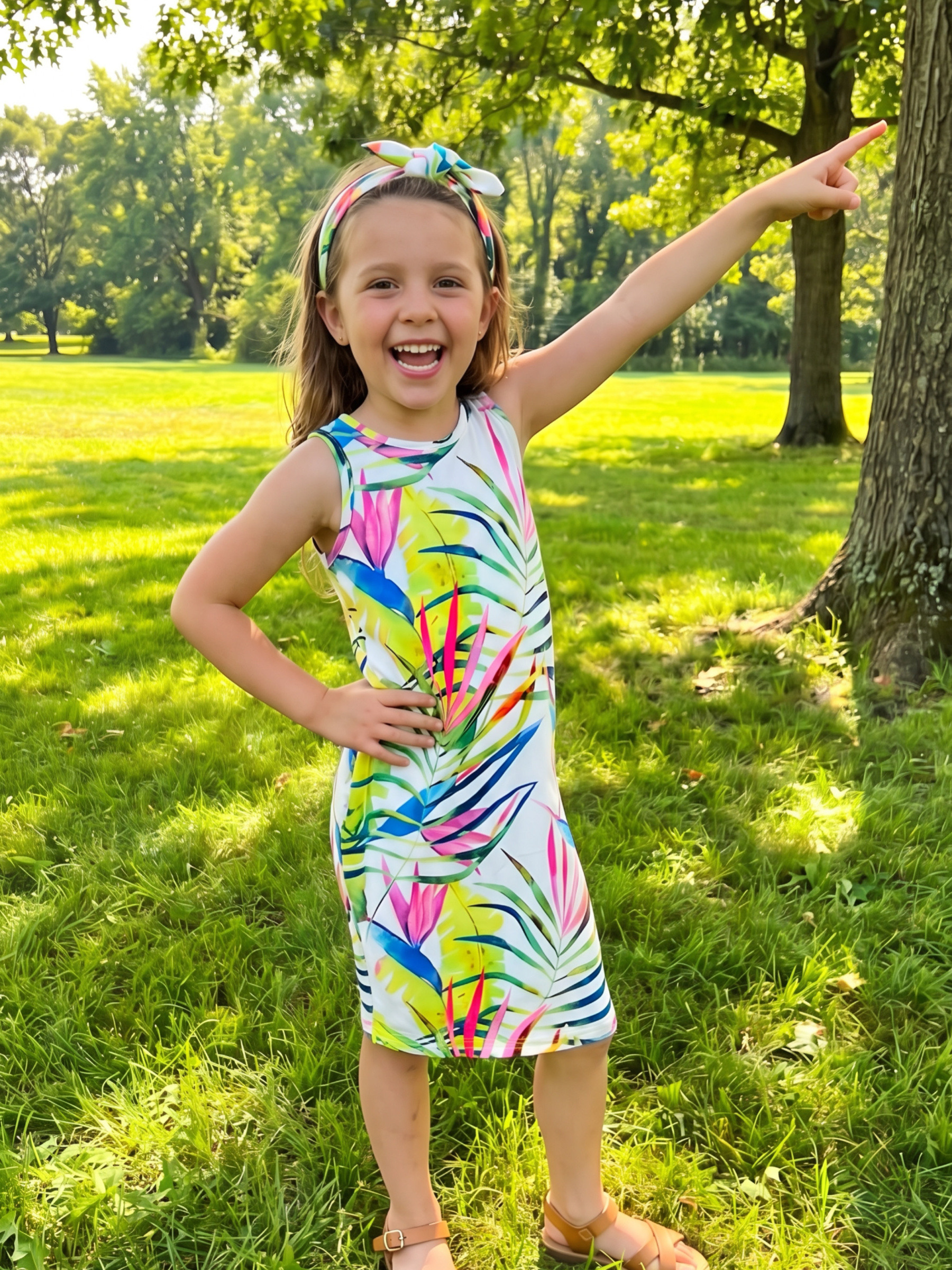 Wholesaler Chicaprie - Sleeveless Bodycon Dress with Floral and Multicolor Print and Headband for Girls