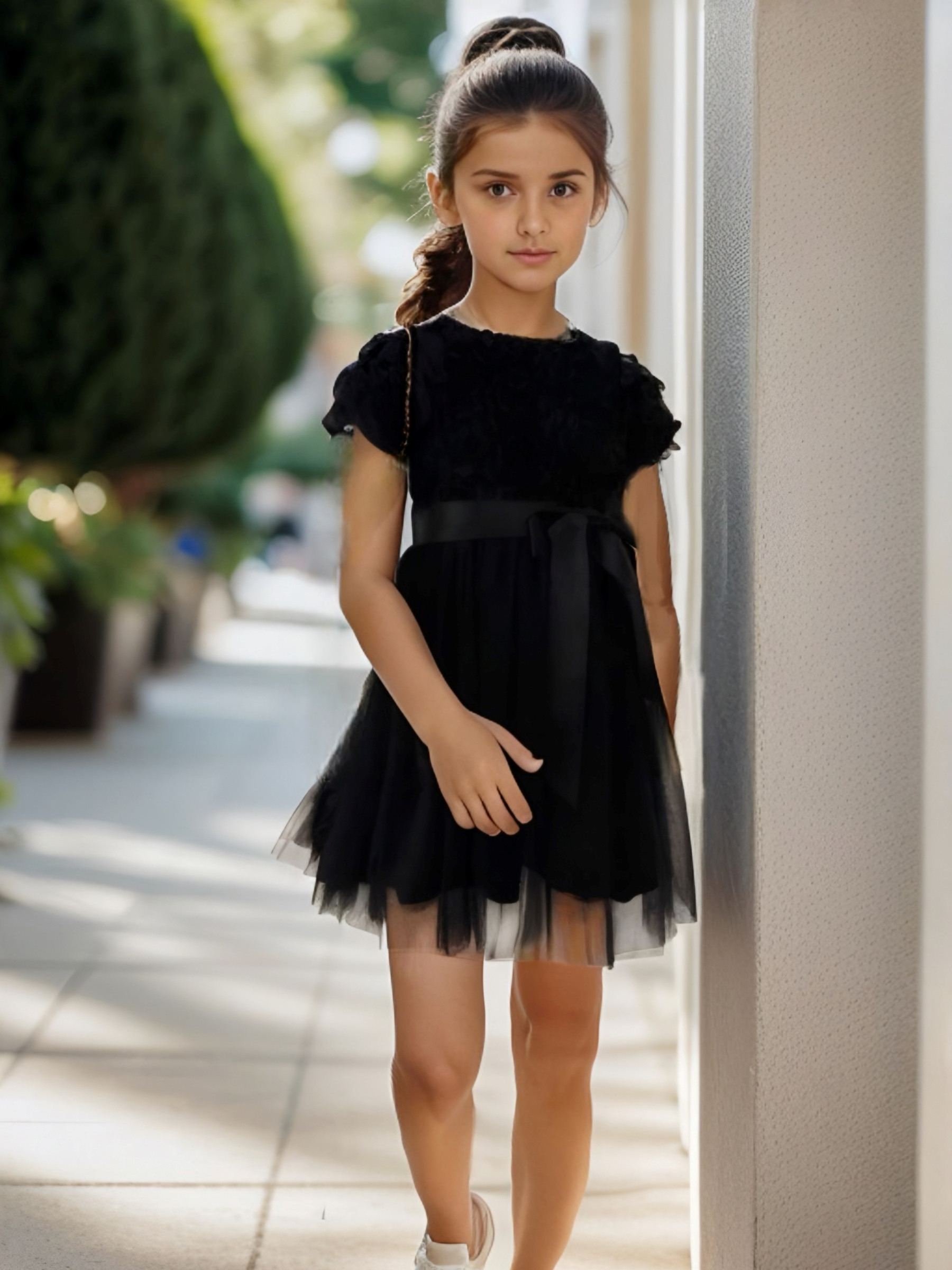 Großhändler Chicaprie - Kurzes Einfarbiges Kleid mit Blumen-Allover-Print, Satinbandschleife und Leichtem Rüschentüllrock für Mädchen