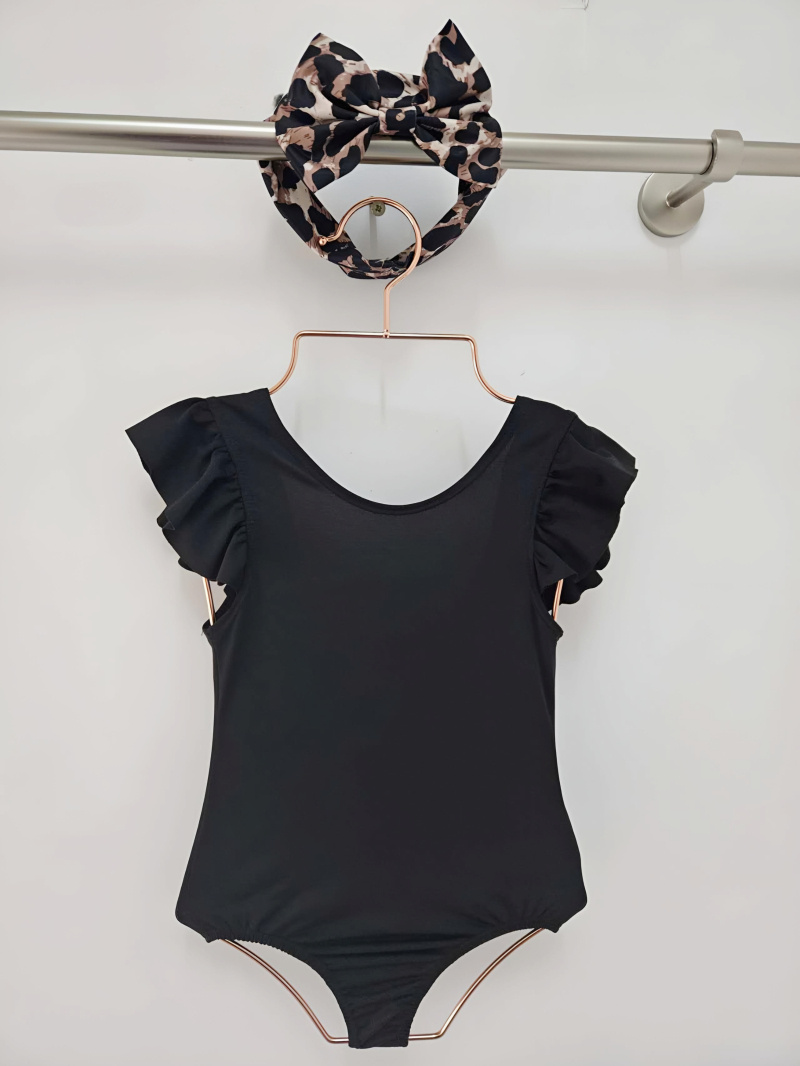 Grossiste Chicaprie - Maillot De Bain Volante Uni Arrière Noeud Avec Bandeau Fille