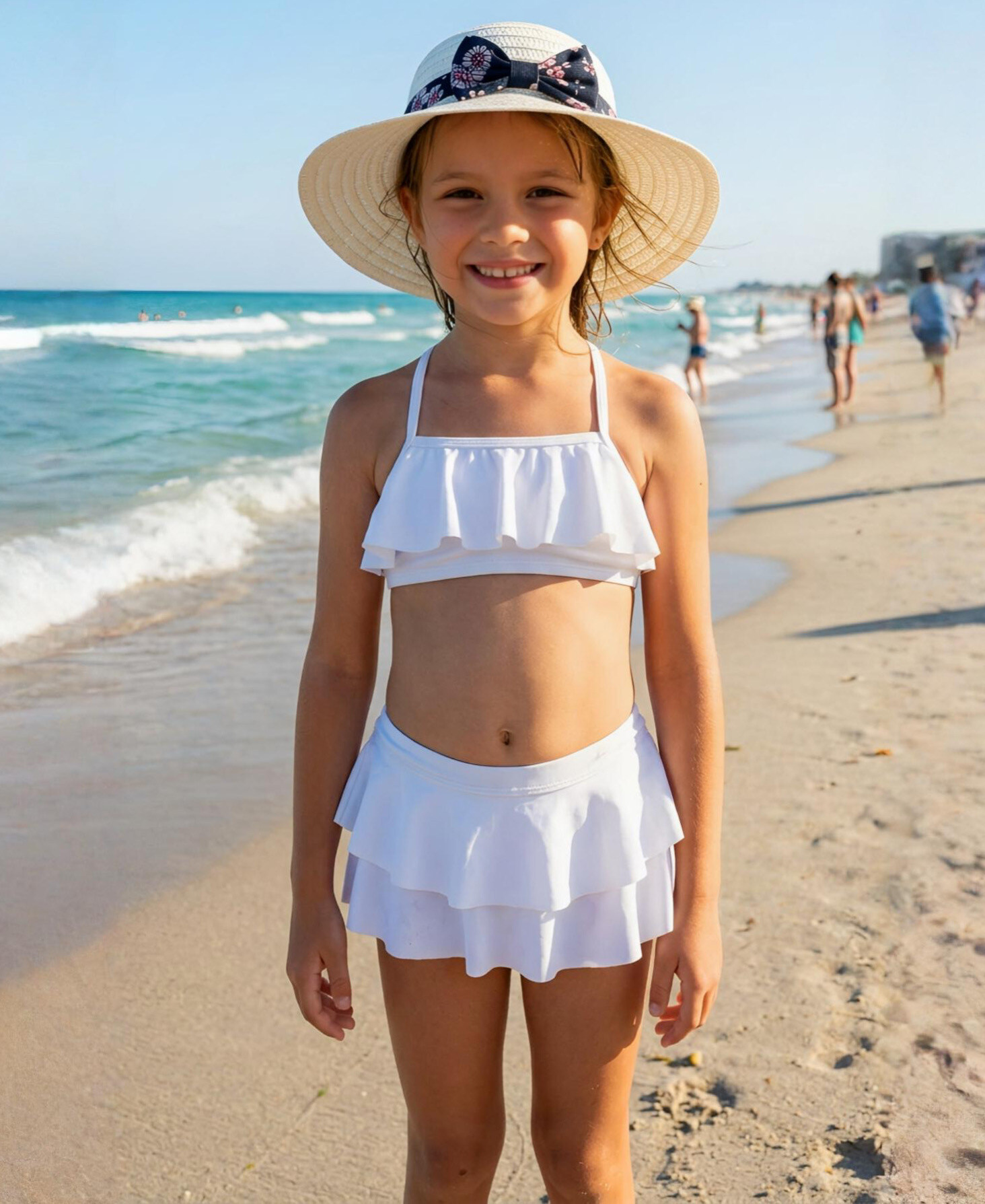 Grossiste Chicaprie - Ensemble Deux Pièces Maillot De Bain Uni Volants Et Fluide Fille