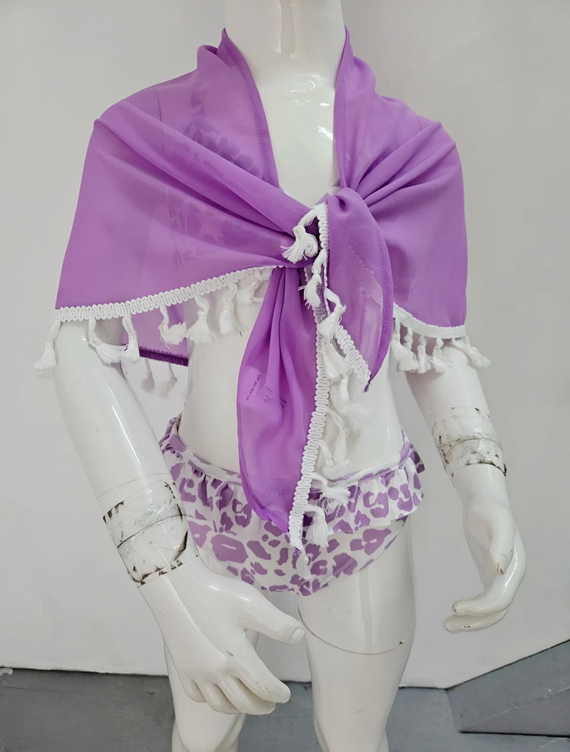 Grossiste Chicaprie - Ensemble Maillot de Bain Deux Pièces Imprimé Léopard avec Paréo Franges Fille