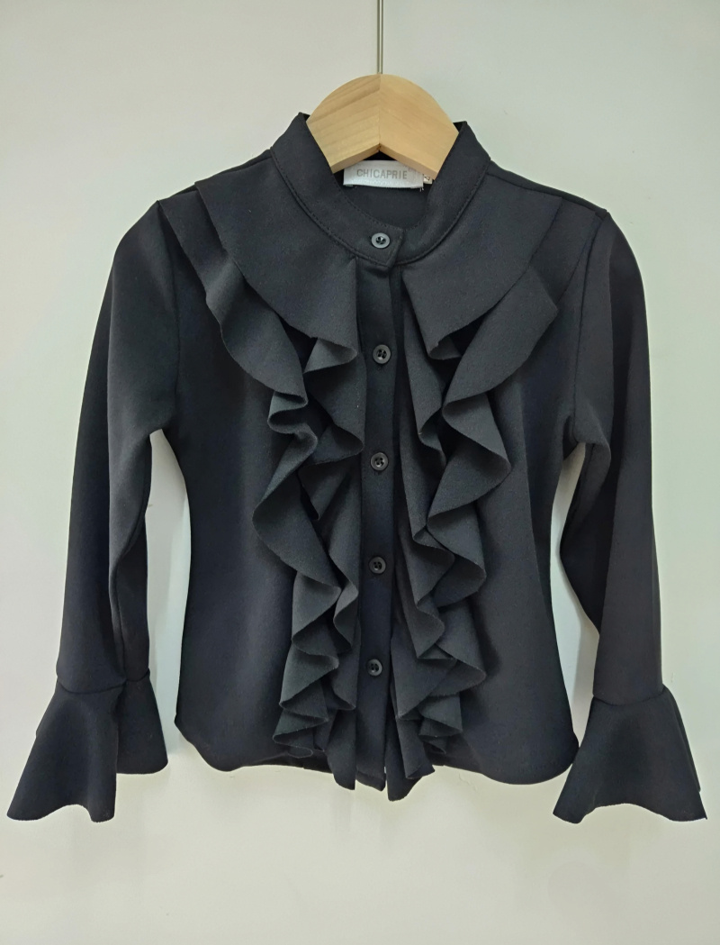 Großhändler Chicaprie - Mädchen Bluse mit langen, ausgestellten Ärmeln, Rüschen und Knöpfen, einfarbig