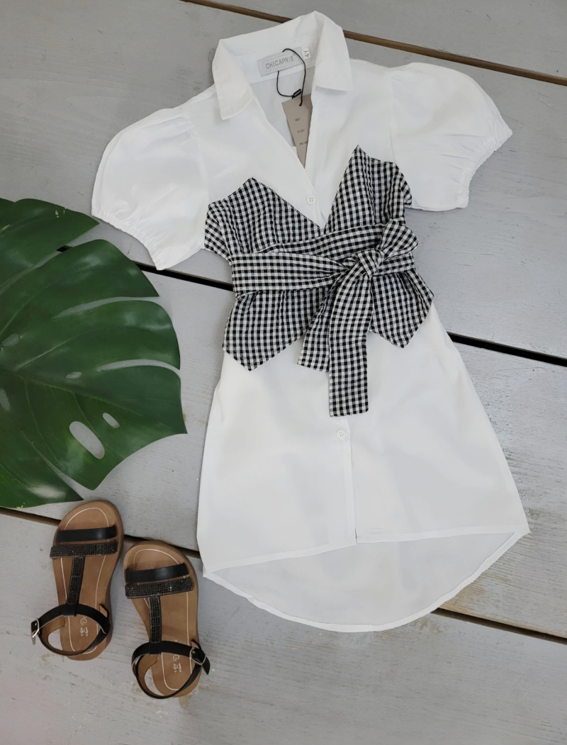 Grossiste Chicaprie - Tunique Longue Chemise Manches Courtes Avec Carreaux Noué Fille