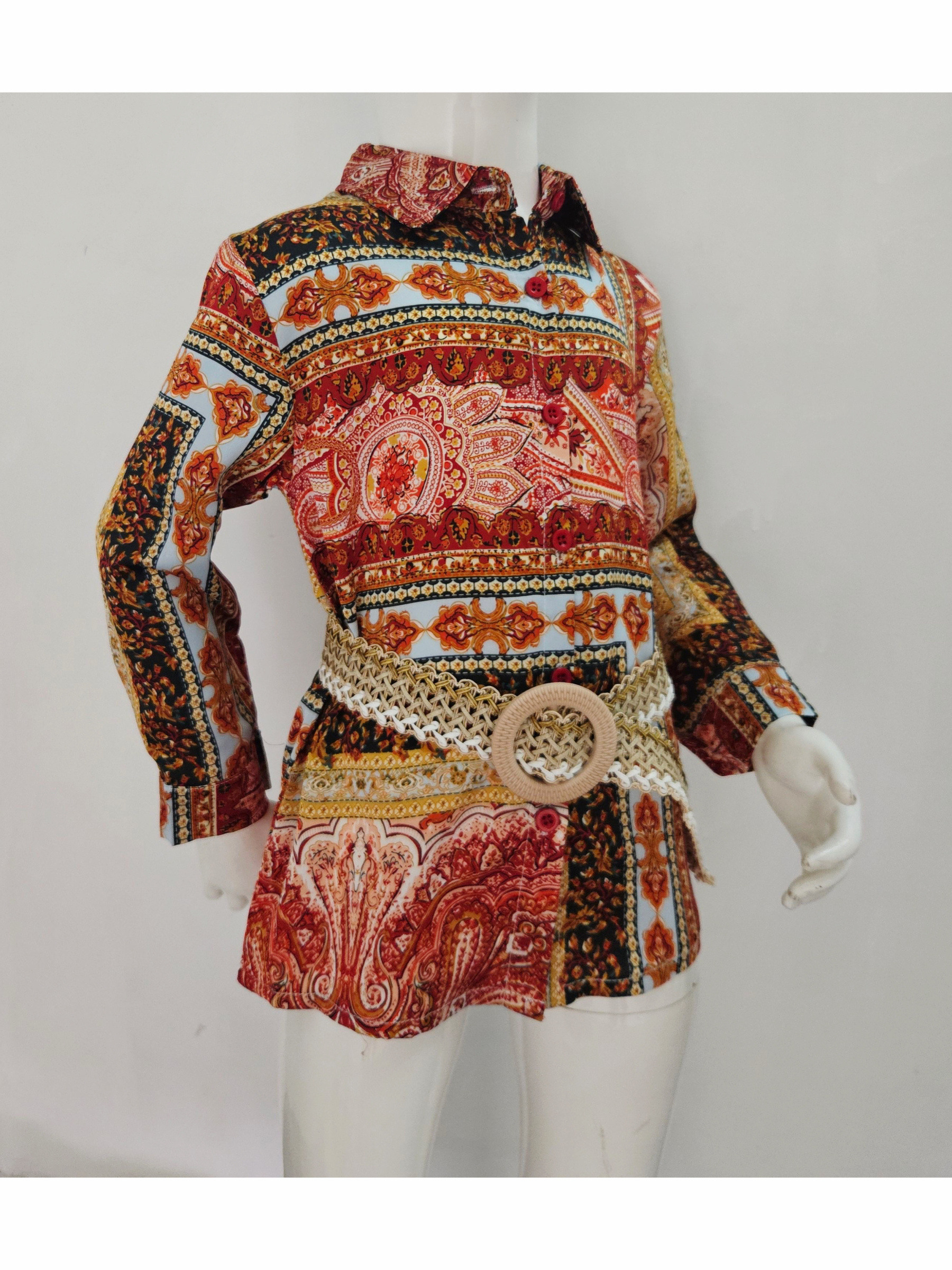 Großhändler Chicaprie - Mädchen Langarmhemd mit Abstraktem Muster und Urbanem Gürtel