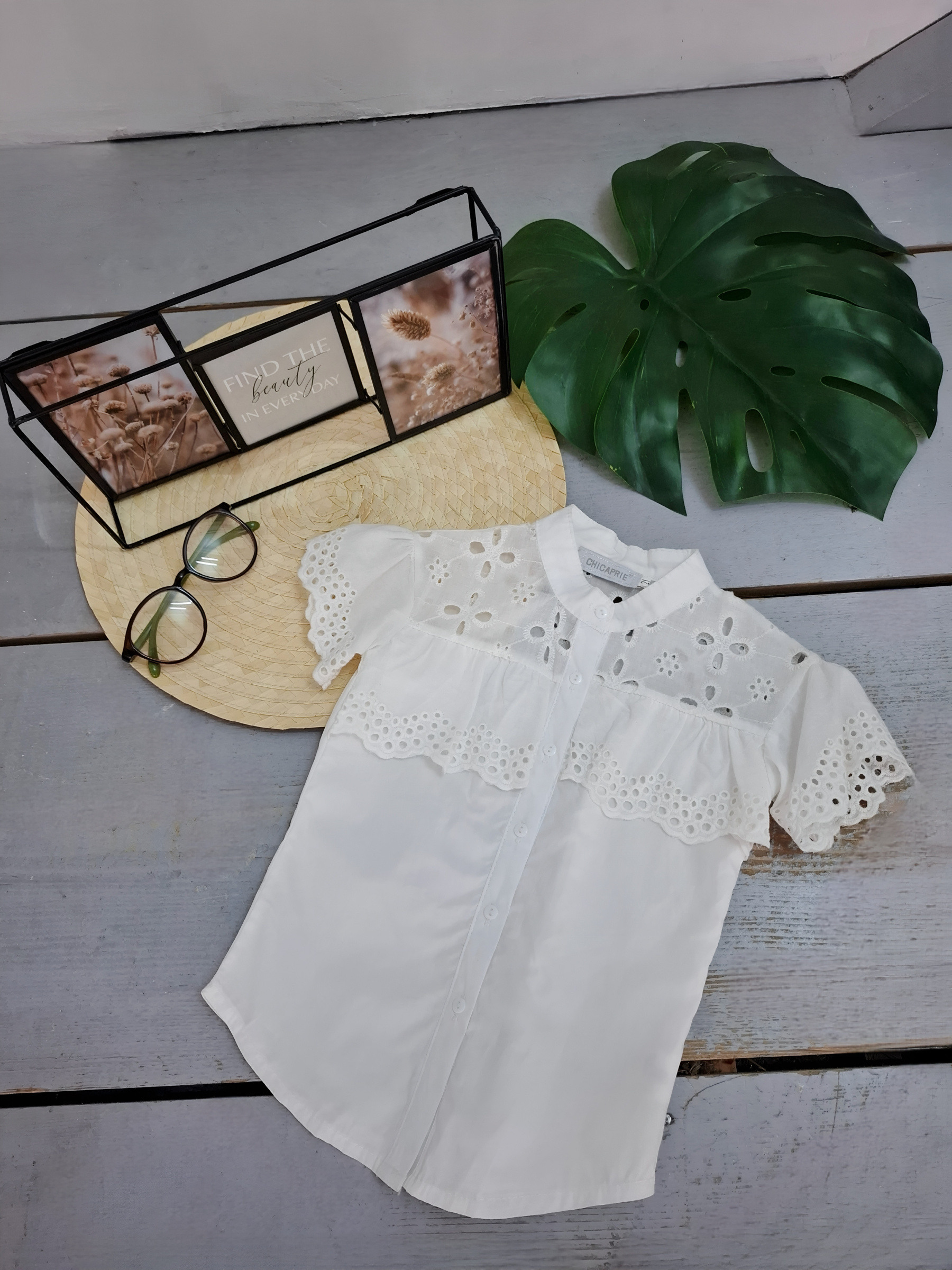 Grossiste Chicaprie - Chemise Uni A Manches Courte Avec Dentelles Fille