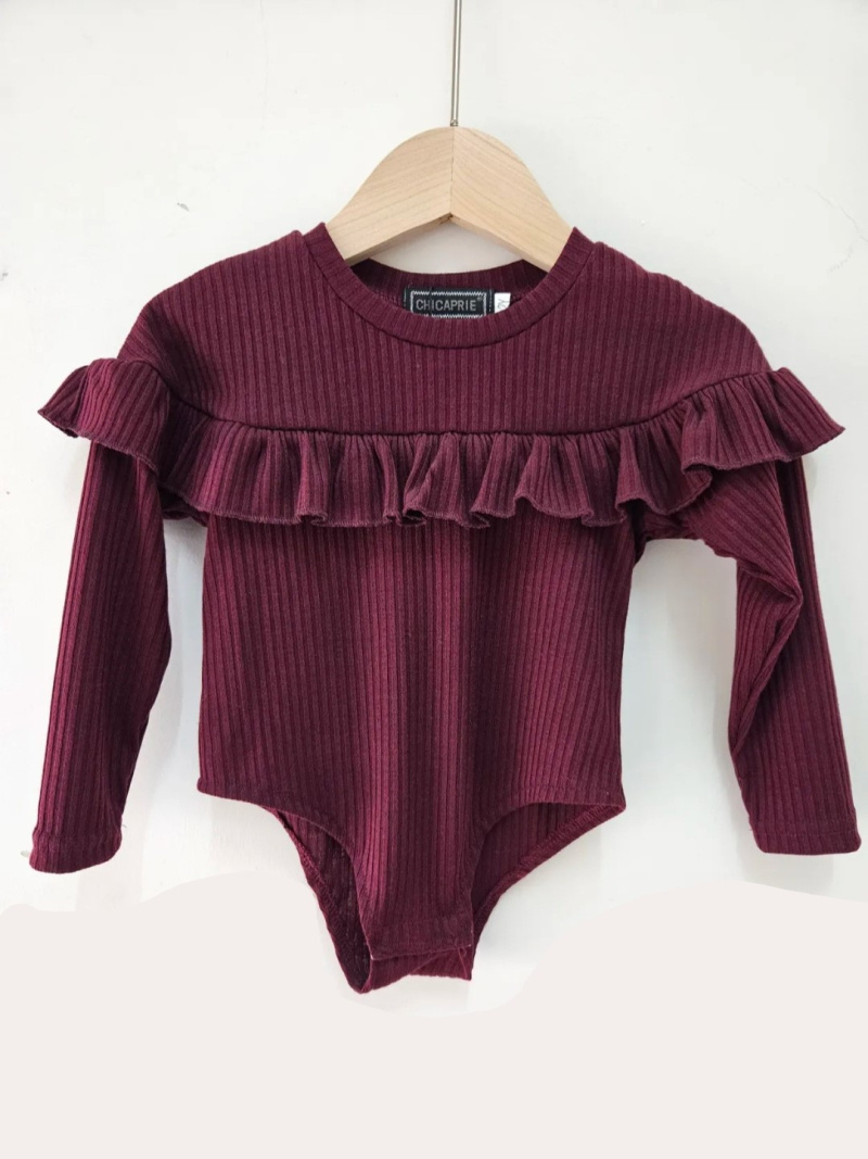 Mayorista Chicaprie - Body de manga larga para niña con volante texturizado de relieve vertical