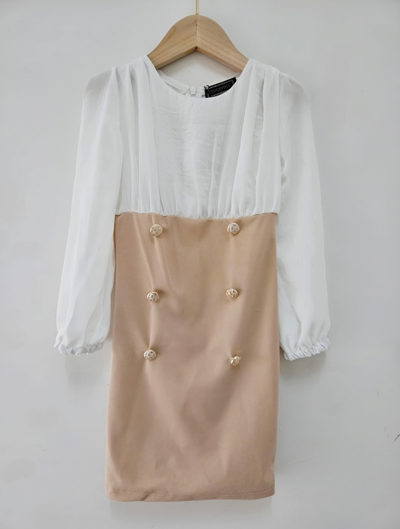 Grossiste Chicaprie - Robe Manches Longues Bi Matières Avec Boutons Fille