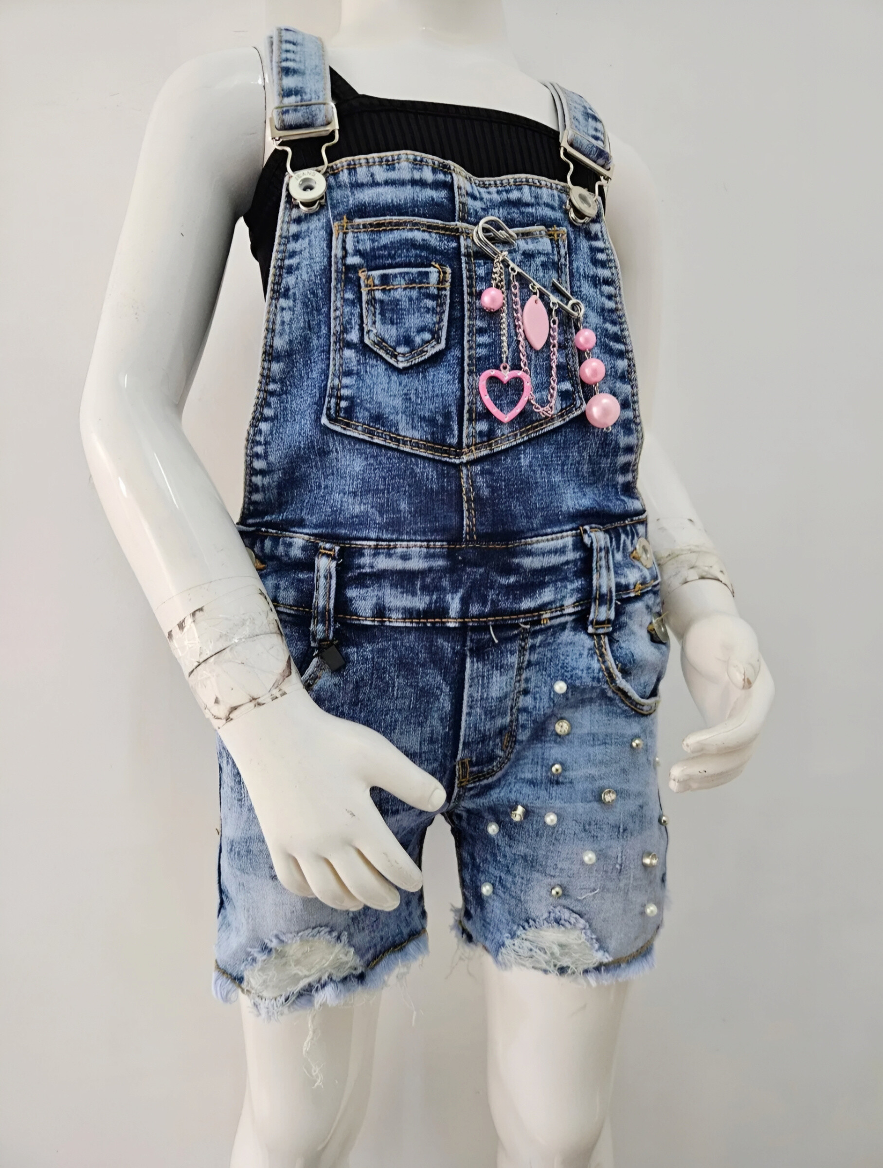 Mayorista Chicaprie - Mono corto vaquero con cuentas para niña con bolsillos con broche metálico