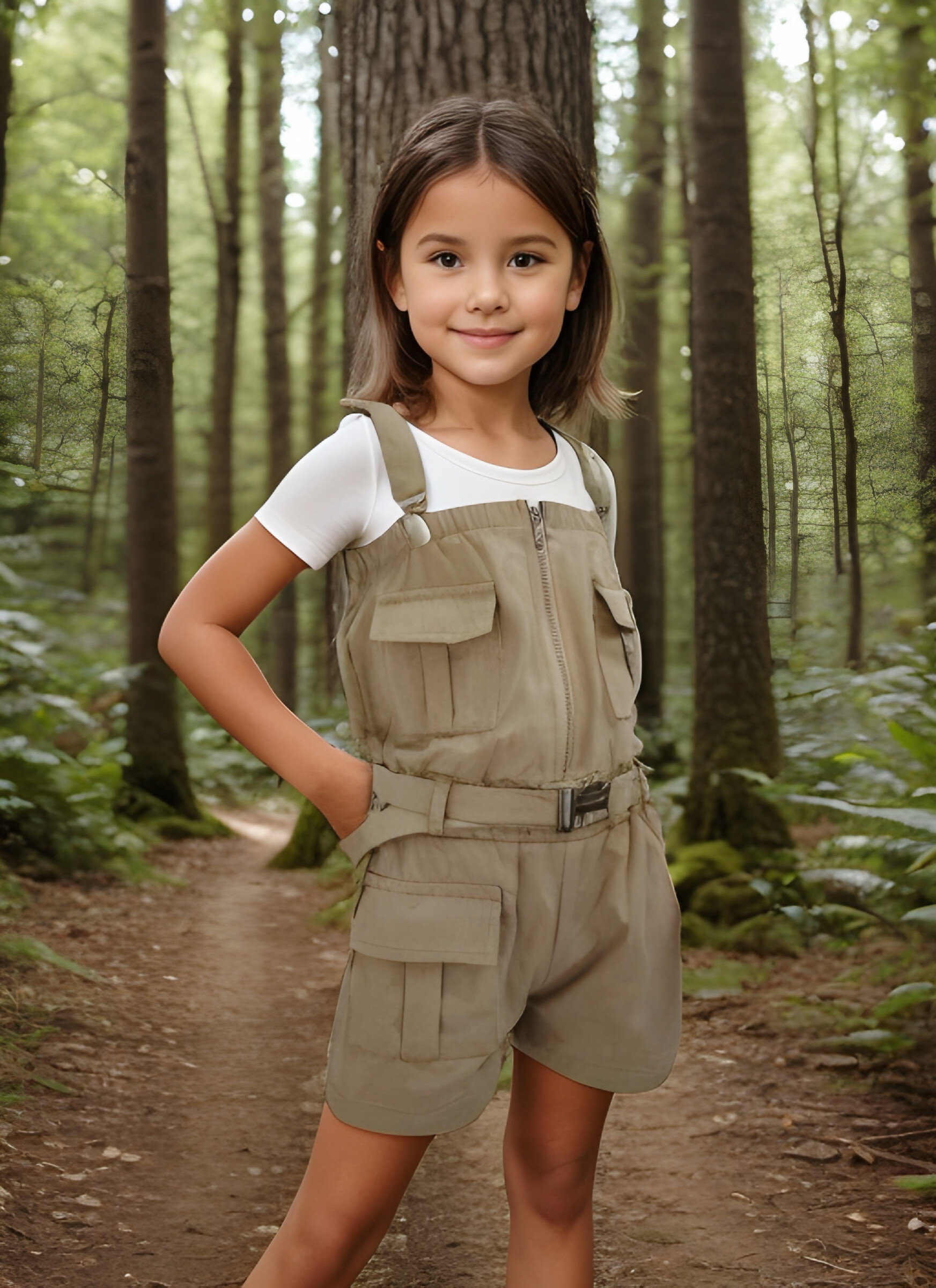 Wholesaler Chicaprie - Girl's Plain Playsuit with Straps and Belt Explorer Style With Headband