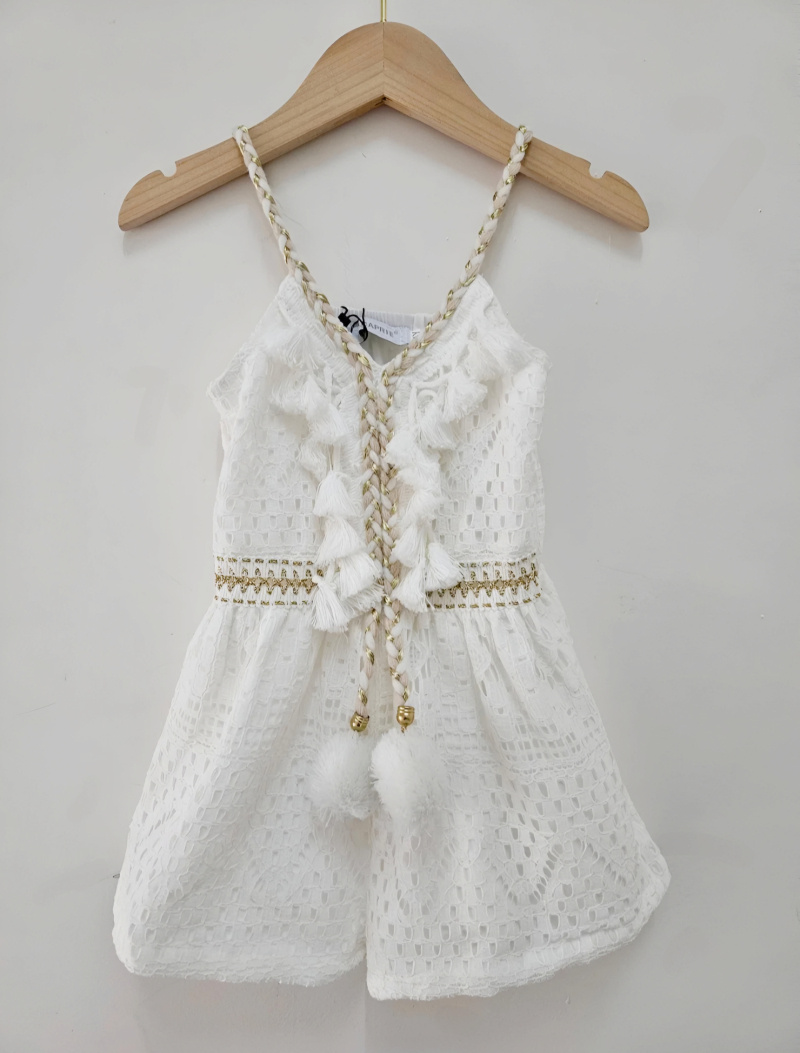 Mayorista Chicaprie - Mono Corto con Encaje, Flecos y Pompón Bohemio para Niña