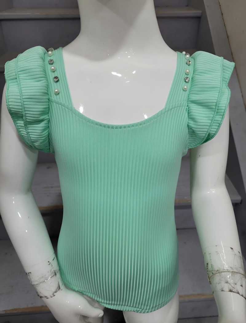 Mayorista Chicaprie - Uni rayas de cuerpo con textura con volante y diamantes de imitación de perlas en niñas