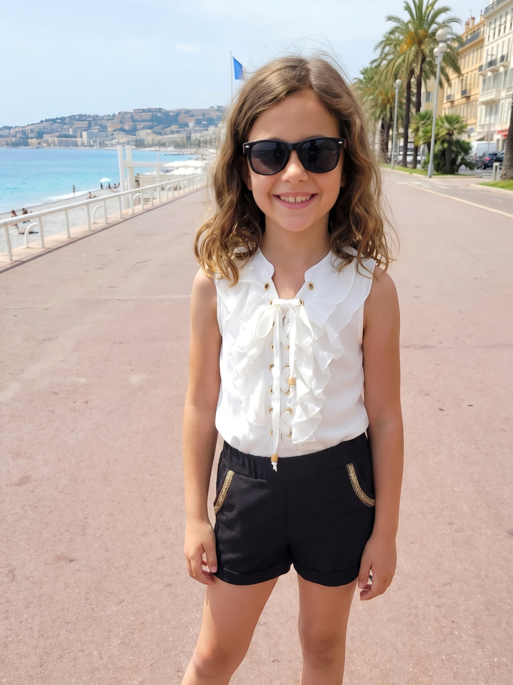 Mayorista Chicaprie - Mono Fluido y Ligero con Cordones Estilo Camisa con Bolsillos y Volantes para Niña