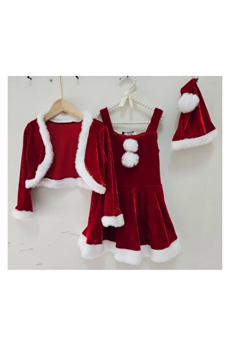 Wholesaler Chicaprie - Girls' Christmas Vest and Dress Set with Pom-Pom Hat