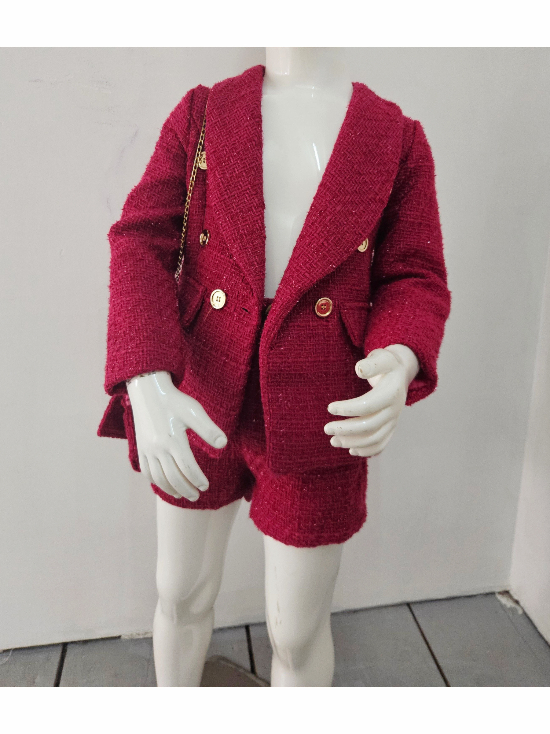 Grossiste Chicaprie - Ensemble Veste Blazer Et Short Tweed Uni Et Dorée Avec Sac Chaine Chic Fille