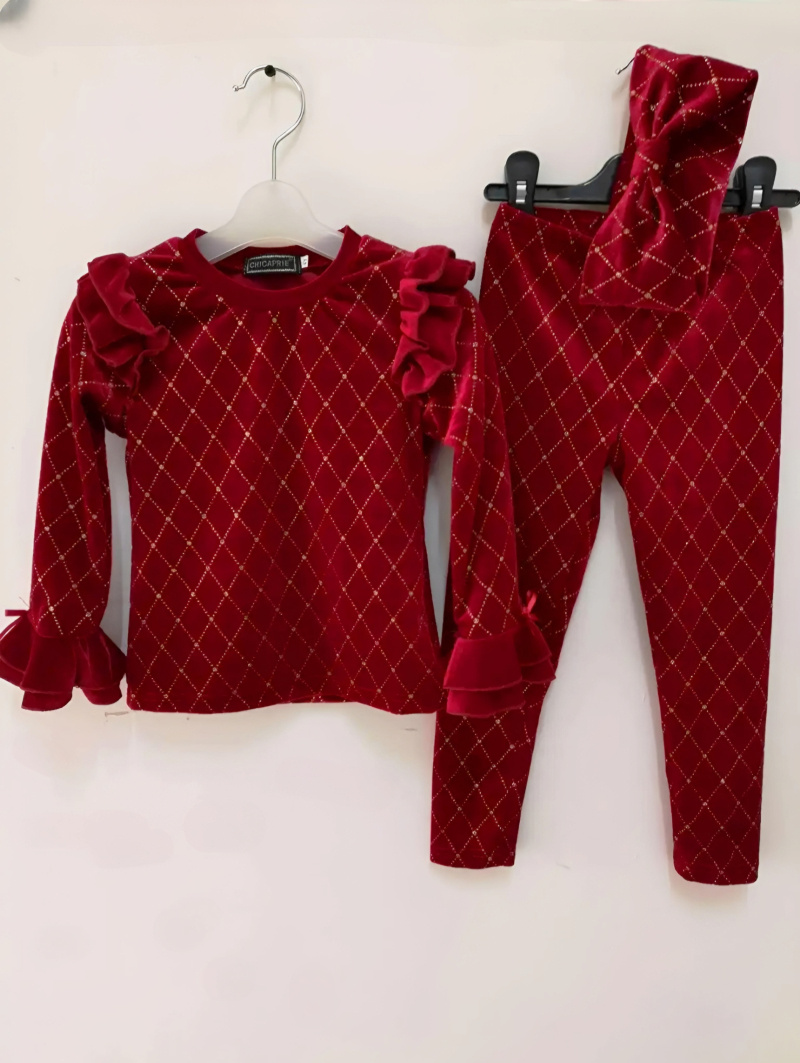 Grossiste Chicaprie - Ensemble Top Et Pantalon Velours Quadrillés Paillette Doré Avec Volants Et Bandeau Noeud Fête Fille