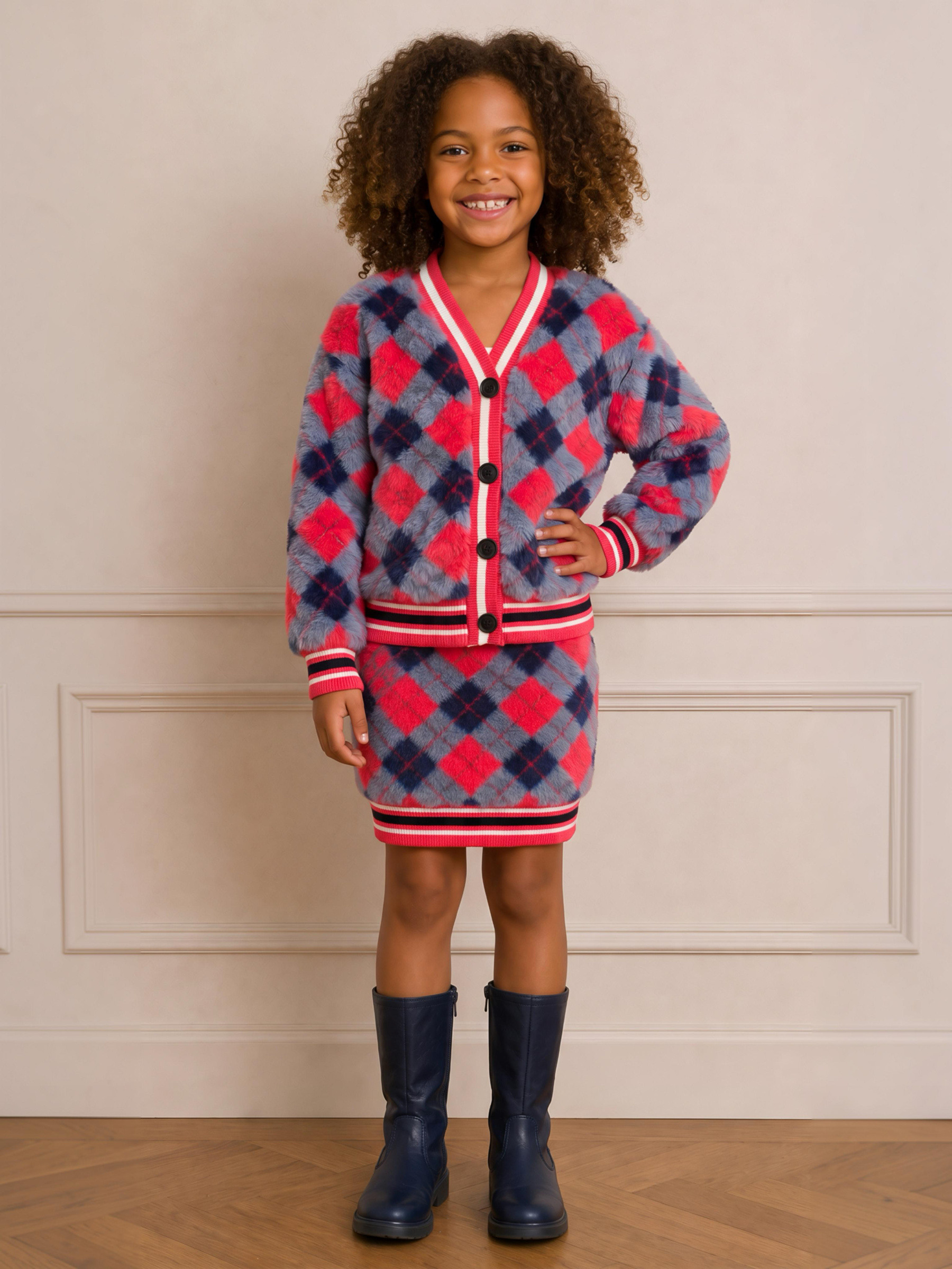 Wholesaler Chicaprie - Plaid Faux Fur Vest and Short Skirt Set in Old School Girl Style
