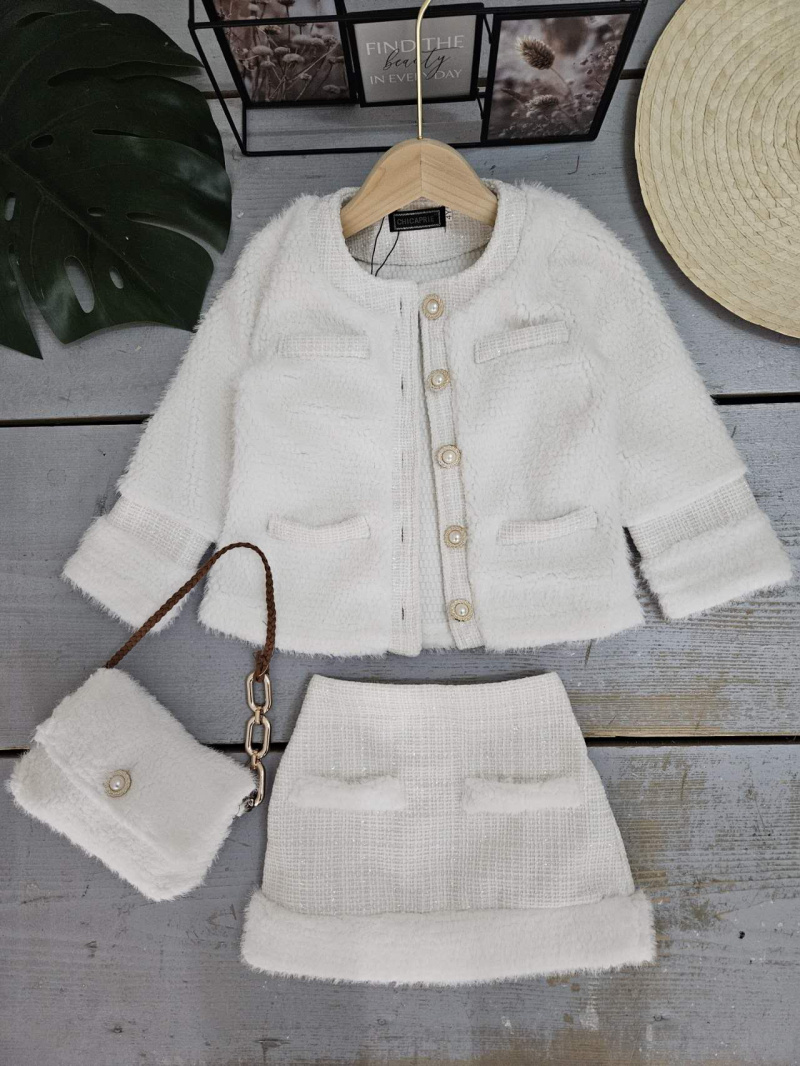 Mayorista Chicaprie - Conjunto de Chaqueta con Botones de Perlas y Falda Corta de Tweed, Bolso de Fantasía para Niña