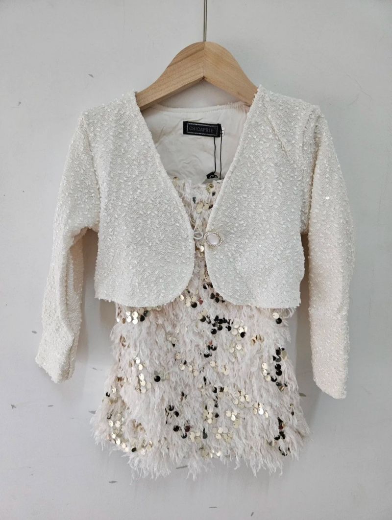 Grossiste Chicaprie - Ensemble Veste Uni Et Robe Bretelles Sequin Paillette Fille