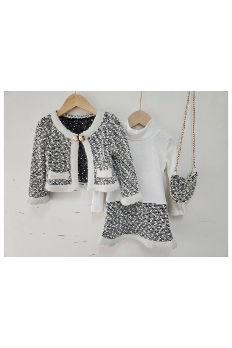 Grossiste Chicaprie - Ensemble Gilet Tweed Légère Et Robe Courte Haut Uni Et Bas Chic Avec Sac Chaine Fille