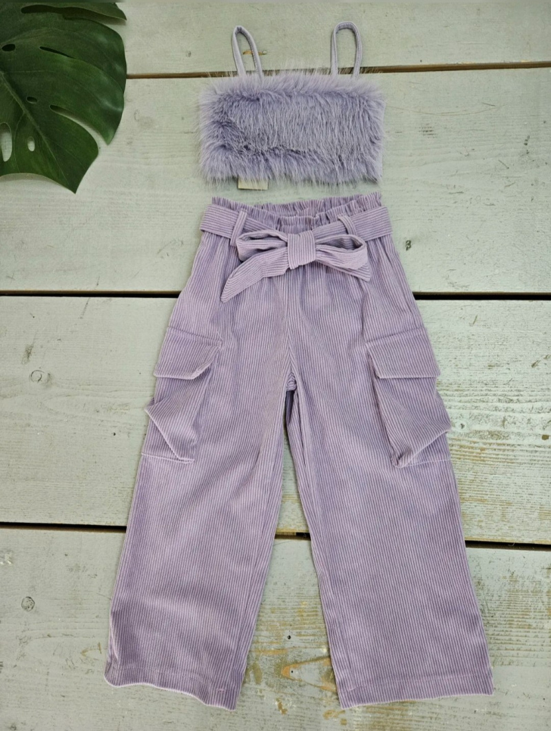 Grossiste Chicaprie - Ensemble Crop Top Faux Fourrure Et Pantalon Cargo Velours Côtelé Ceinture Fille