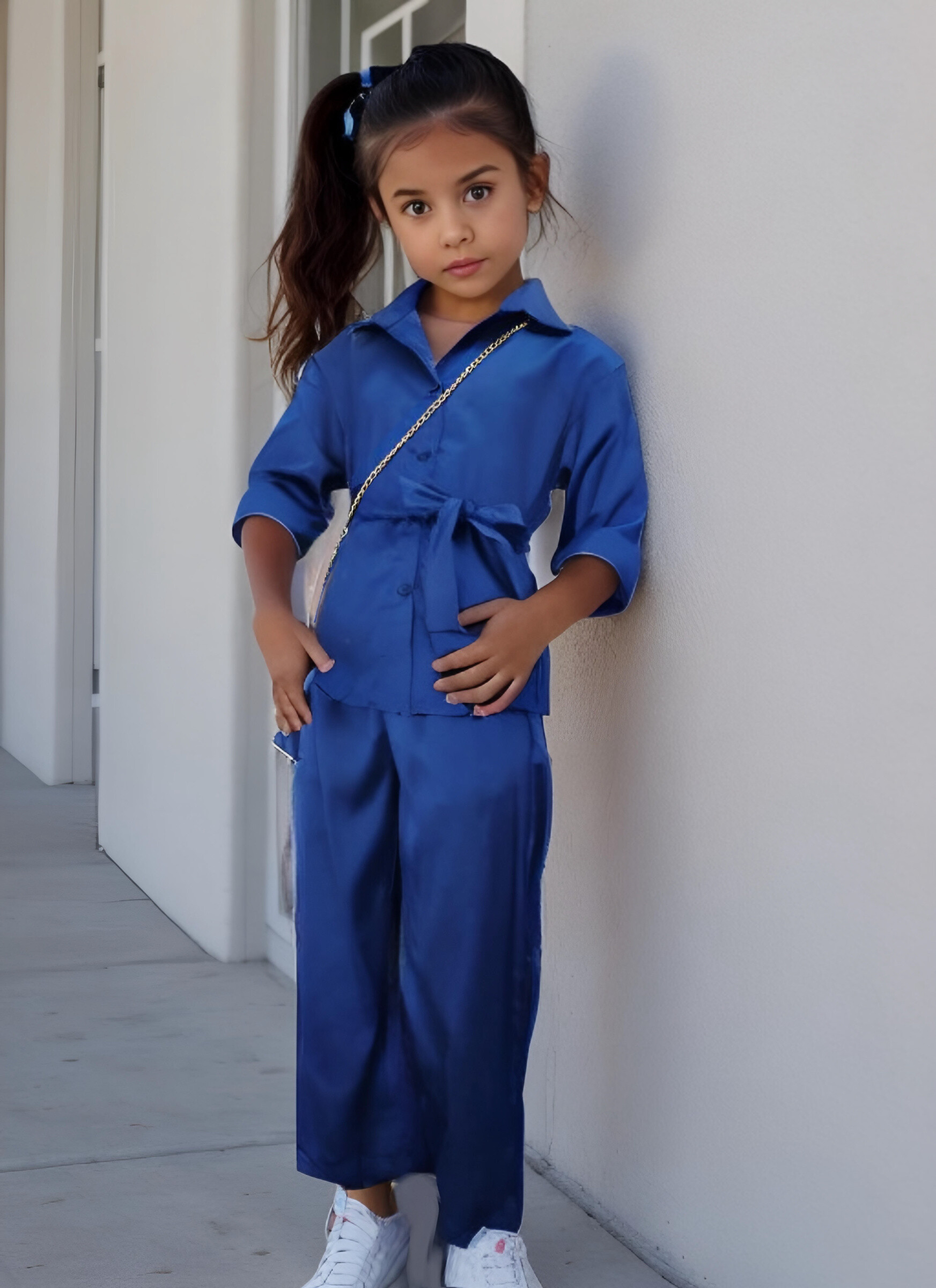 Grossiste Chicaprie - Ensemble Veste Avec Ceinture, Pantalon Ample Style Satin Uni Fille