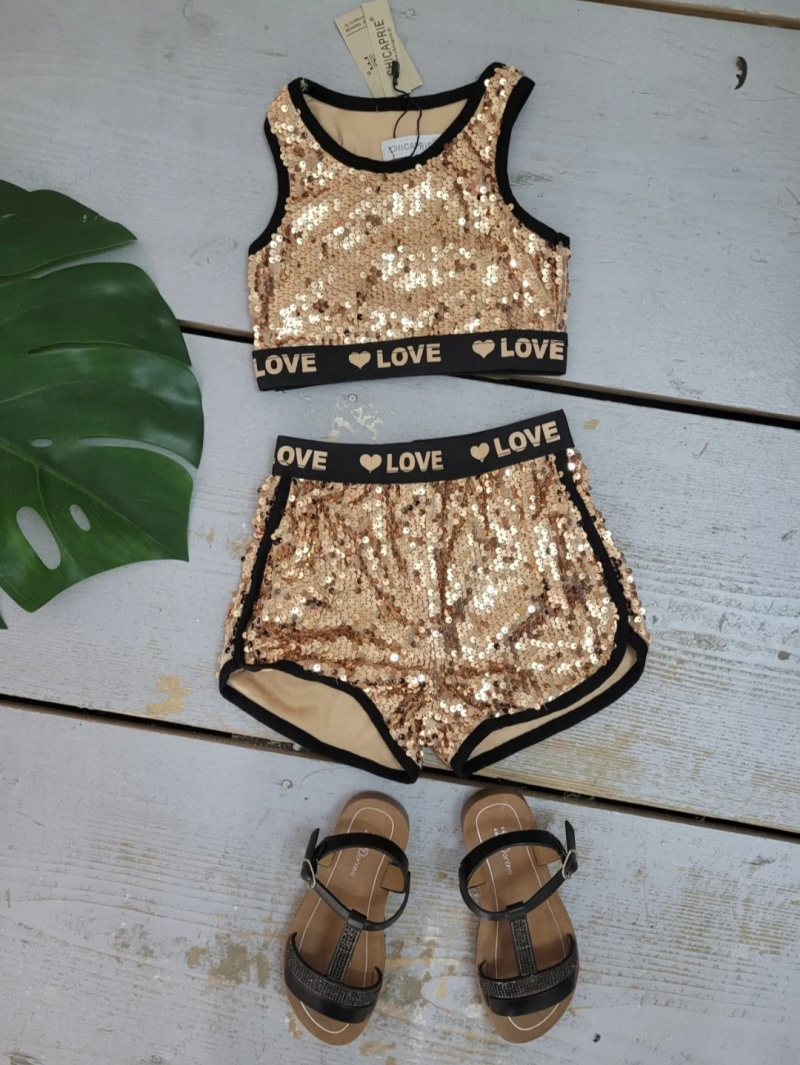 Grossiste Chicaprie - Ensemble Crop Top Et Short Paillettes Bandes Love Sport Fille