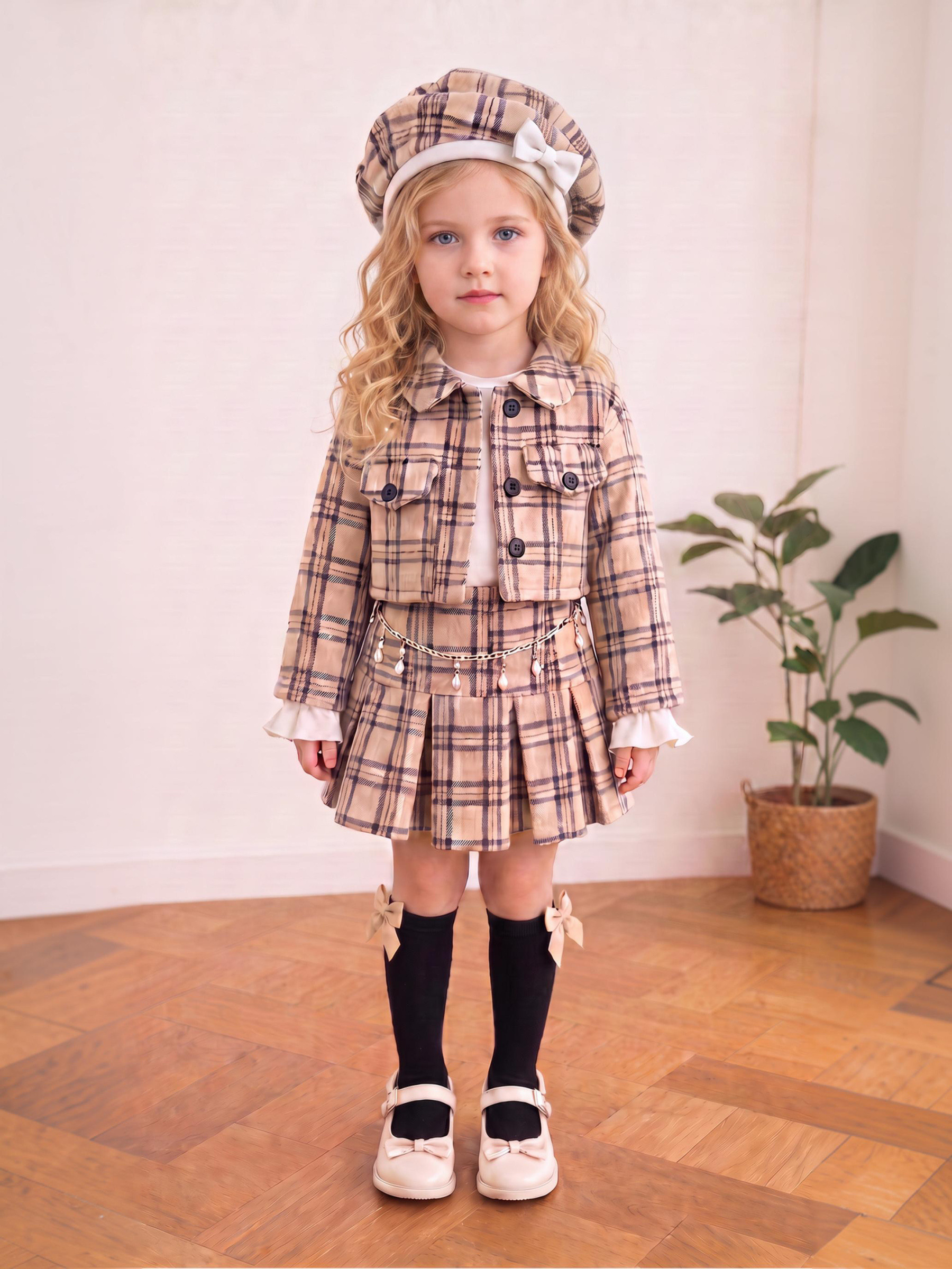 Wholesaler Chicaprie - Girl's outfit with a jacket and short skirt featuring a pearl chain, stripes, and checks, paired with a plain top